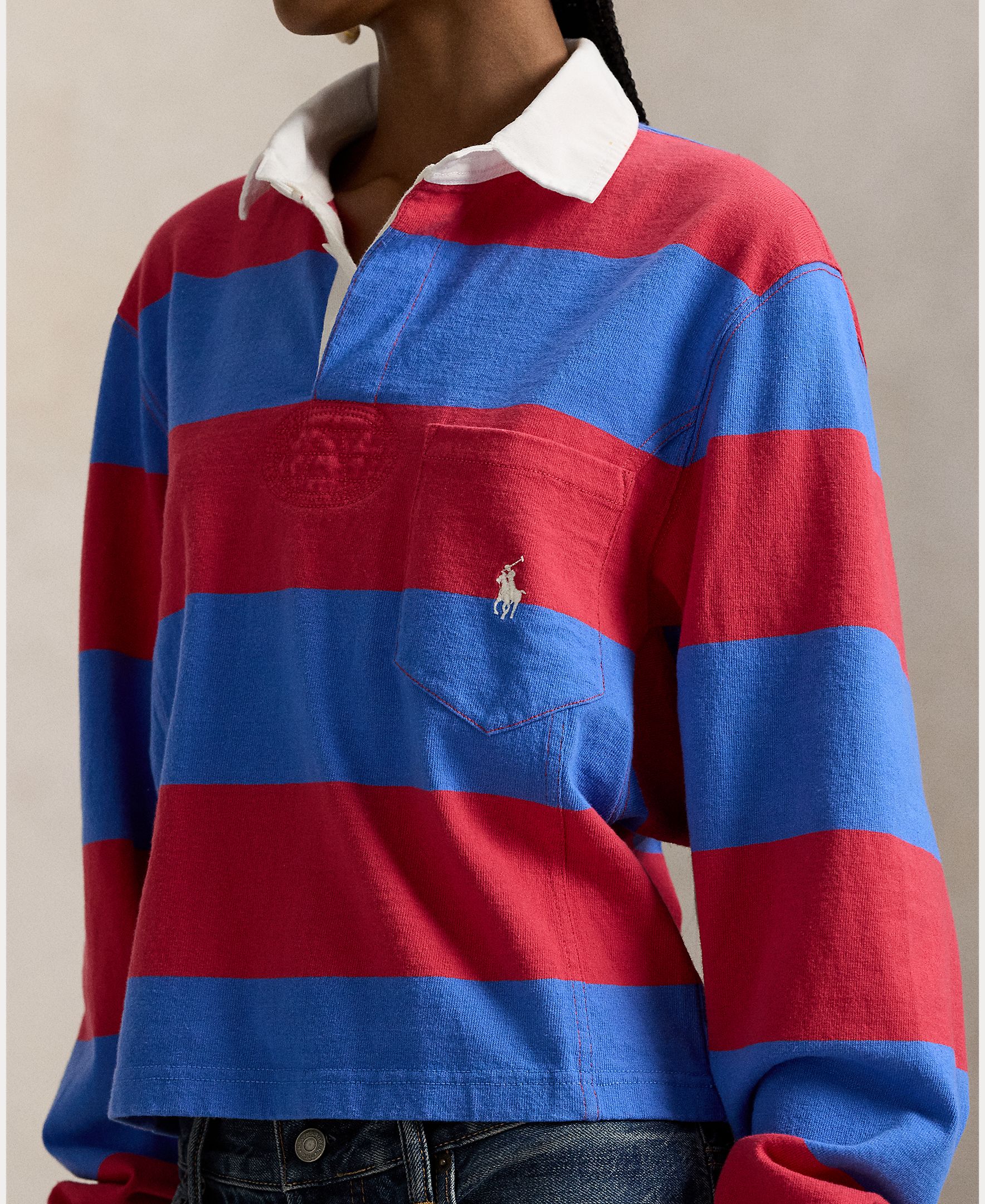 Polo de Rugby de Algodão Estampado Vermelho-2