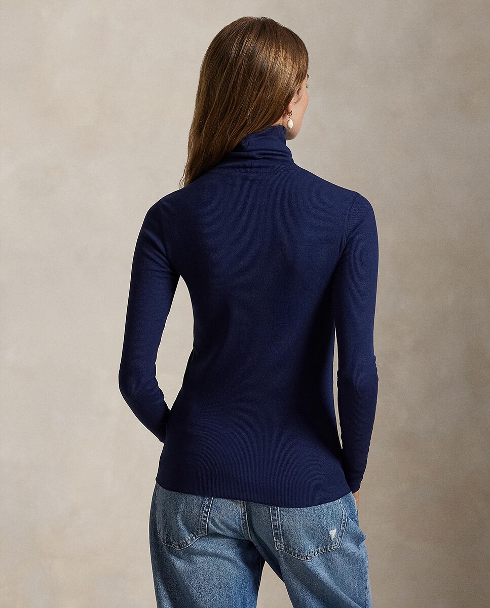 Camisola de Malha Elástica com Gola Dobrada Azul-marinho-3