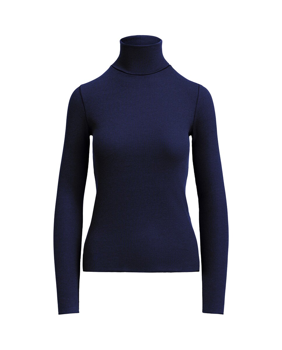 Camisola de Malha Elástica com Gola Dobrada Azul-marinho-5