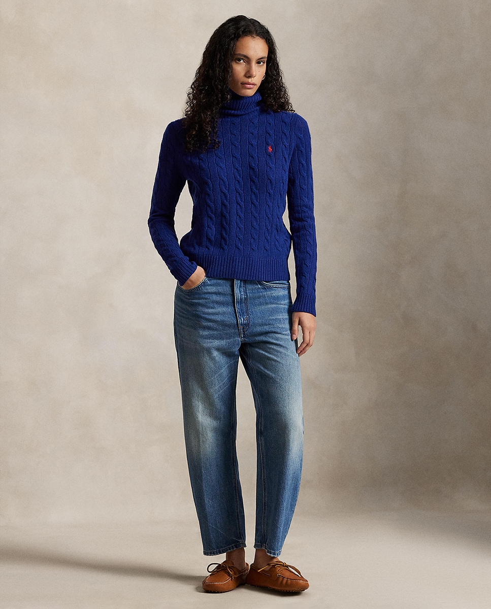 Camisola de Malha do Cabo com Gola Alta Azul-marinho-6