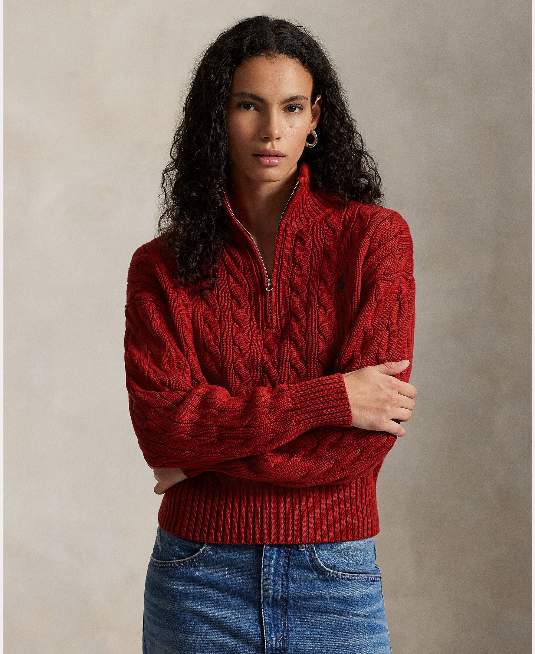 Camisola de malha do cabo de algodão Vermelho-1