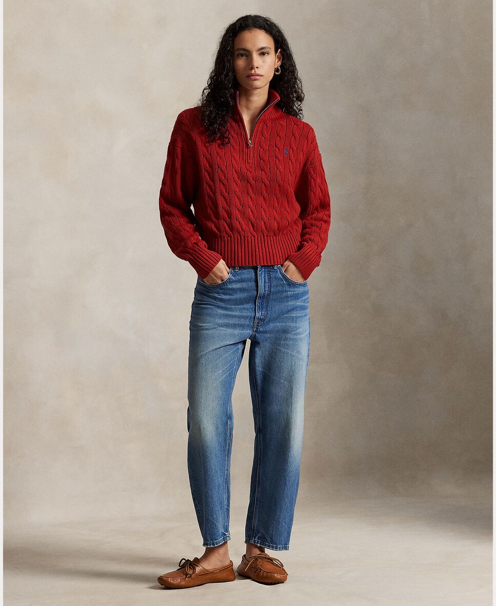 Camisola de malha do cabo de algodão Vermelho-4