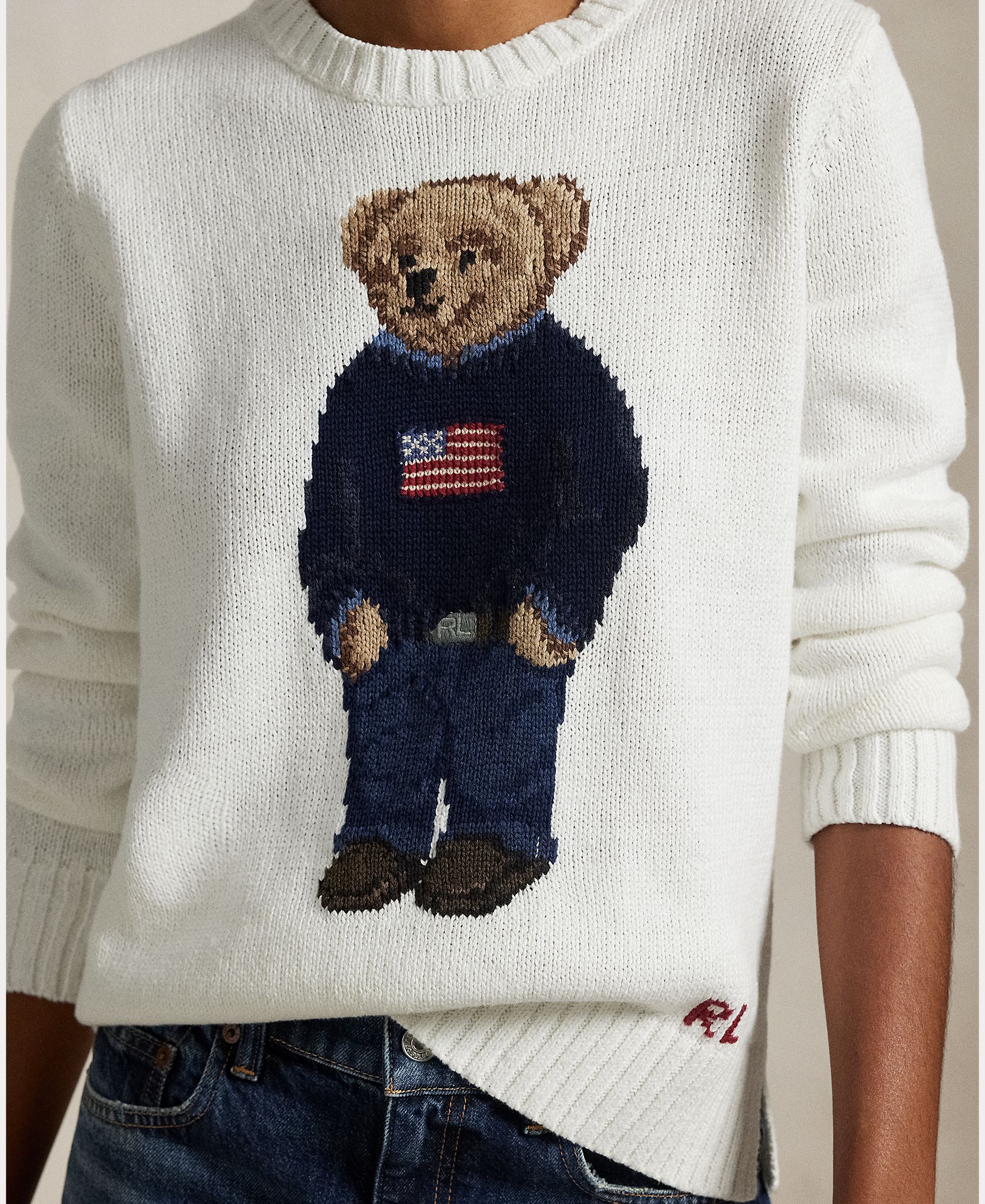 Camisola de Malha de Algodão e Linho com Polo Bear Branco-4