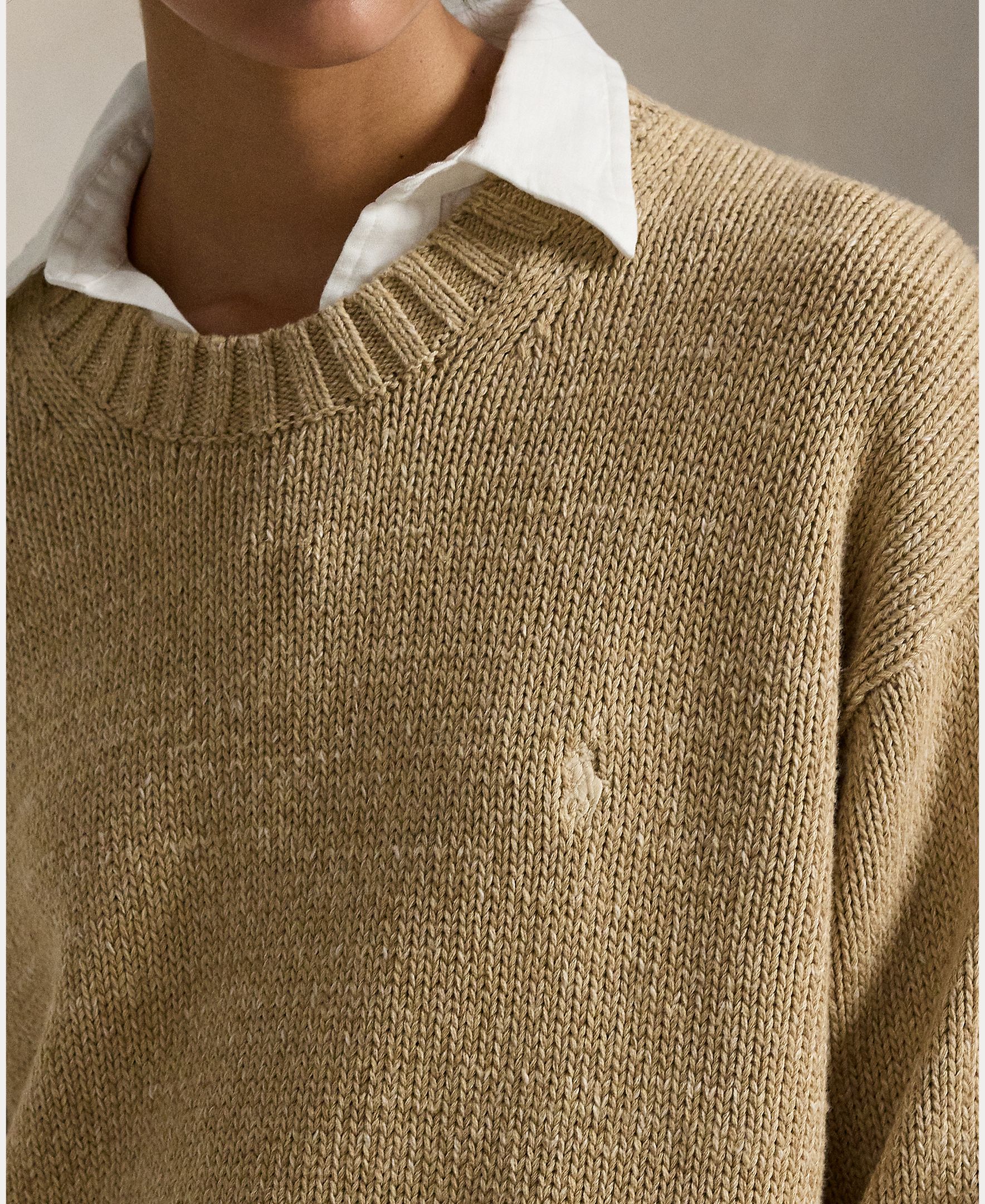 Camisola de Malha de Algodão com Decote Redondo Bege-3