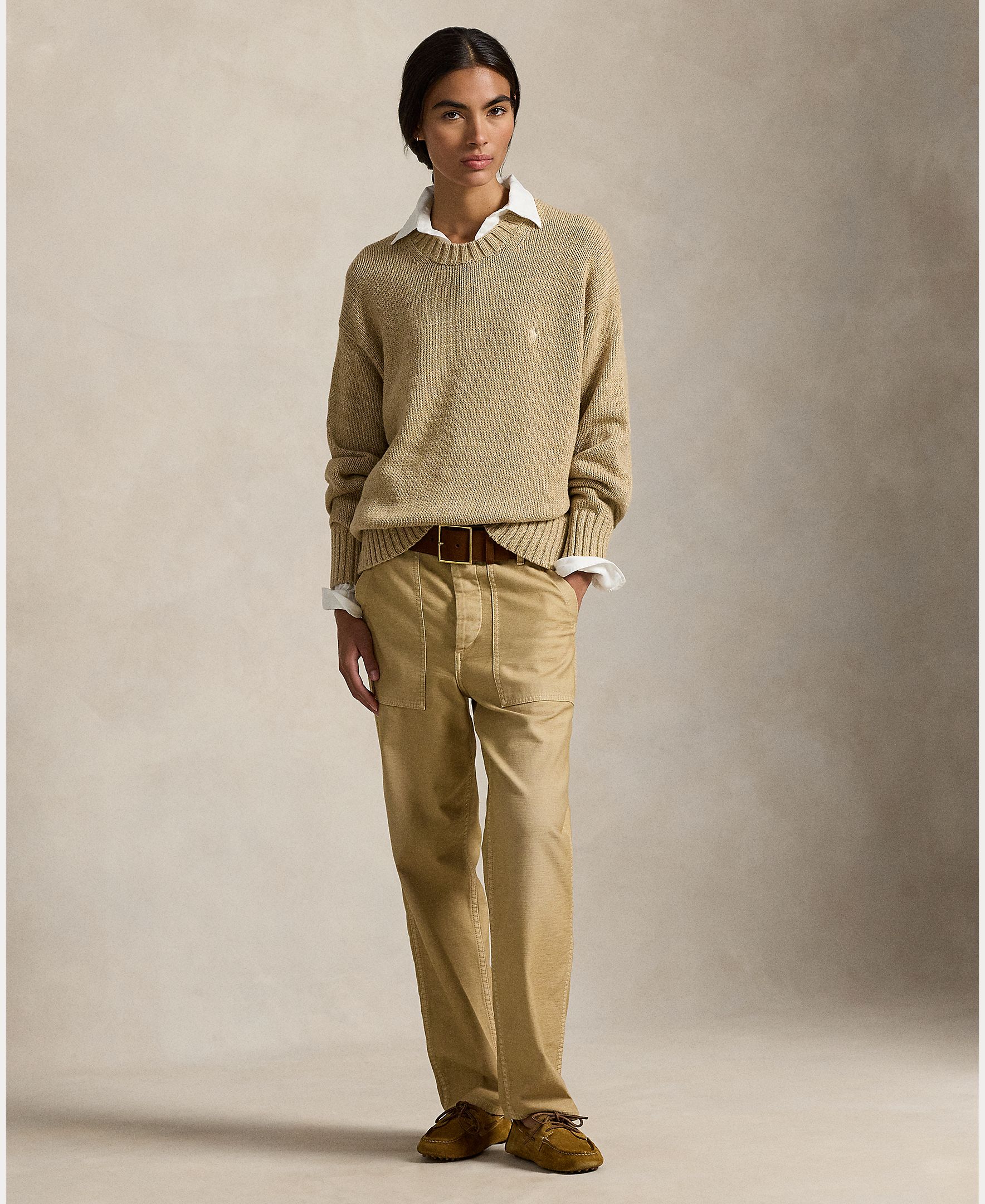 Camisola de Malha de Algodão com Decote Redondo Bege-5
