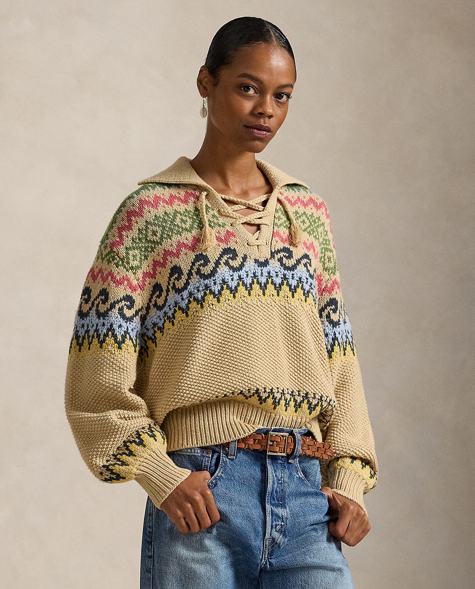 Camisola de Malha com Desenho Fair Isle com Laço Natural-1