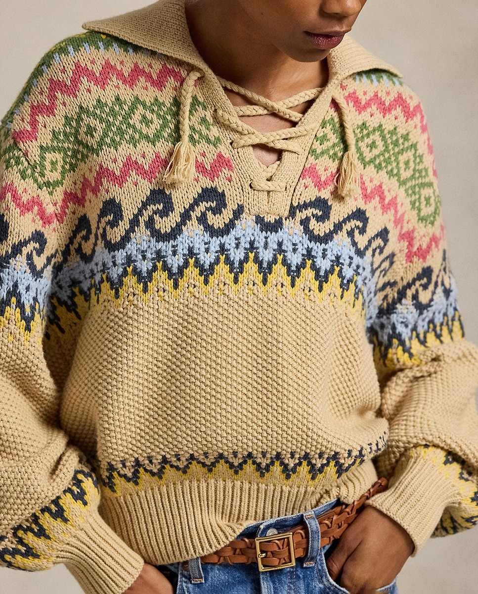 Camisola de Malha com Desenho Fair Isle com Laço Natural-4