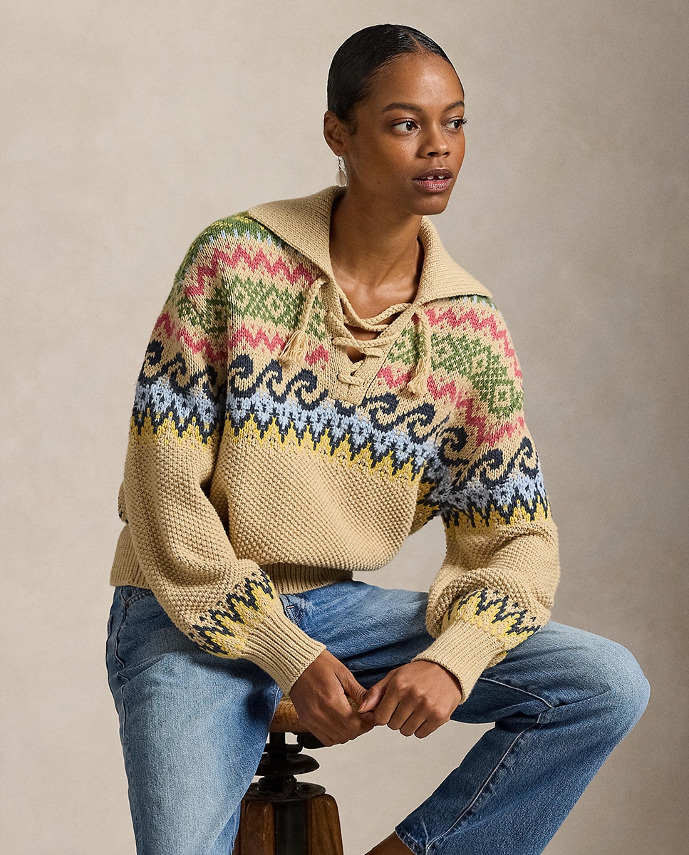 Camisola de Malha com Desenho Fair Isle com Laço Natural-6