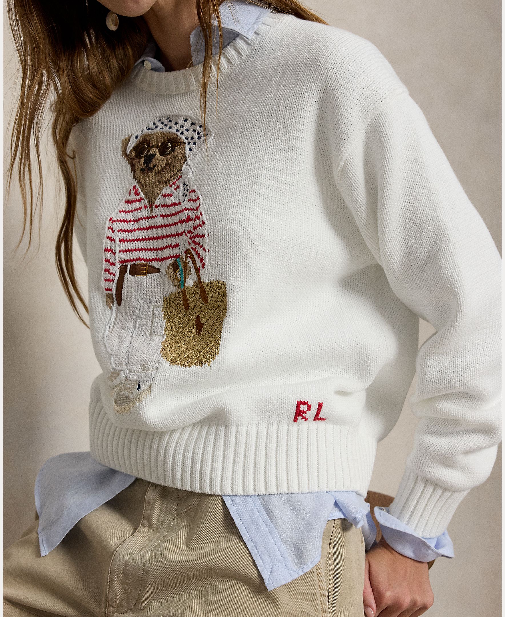 Camisola de malha de algodão com Polo Bear Branco-4