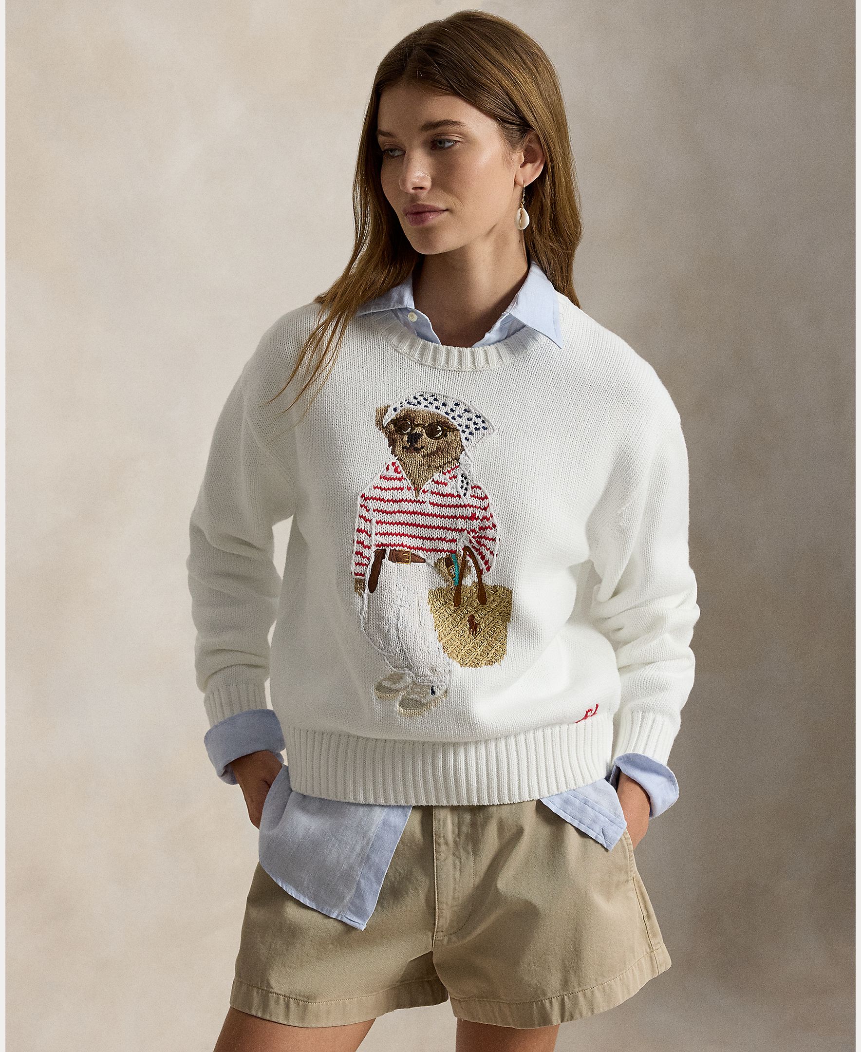 Camisola de malha de algodão com Polo Bear Branco-6