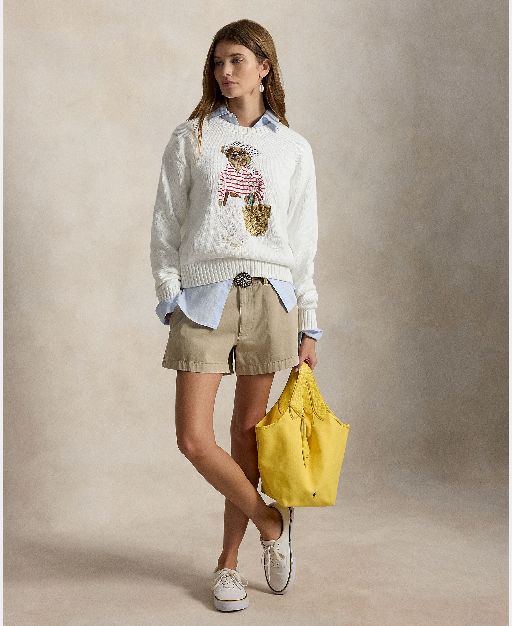 Camisola de malha de algodão com Polo Bear Branco-8