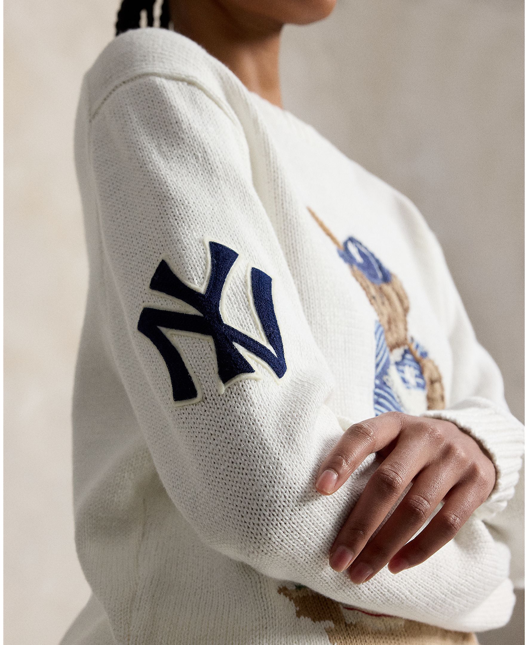 Camisola de Malha dos Yankees com Polo Bear Branco-marfim-5