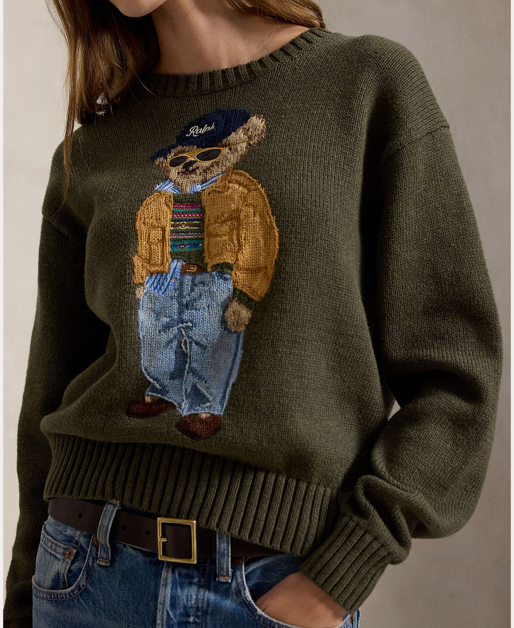 Camisola de Malha com Decote Redondo e Polo Bear Verde-militar-4