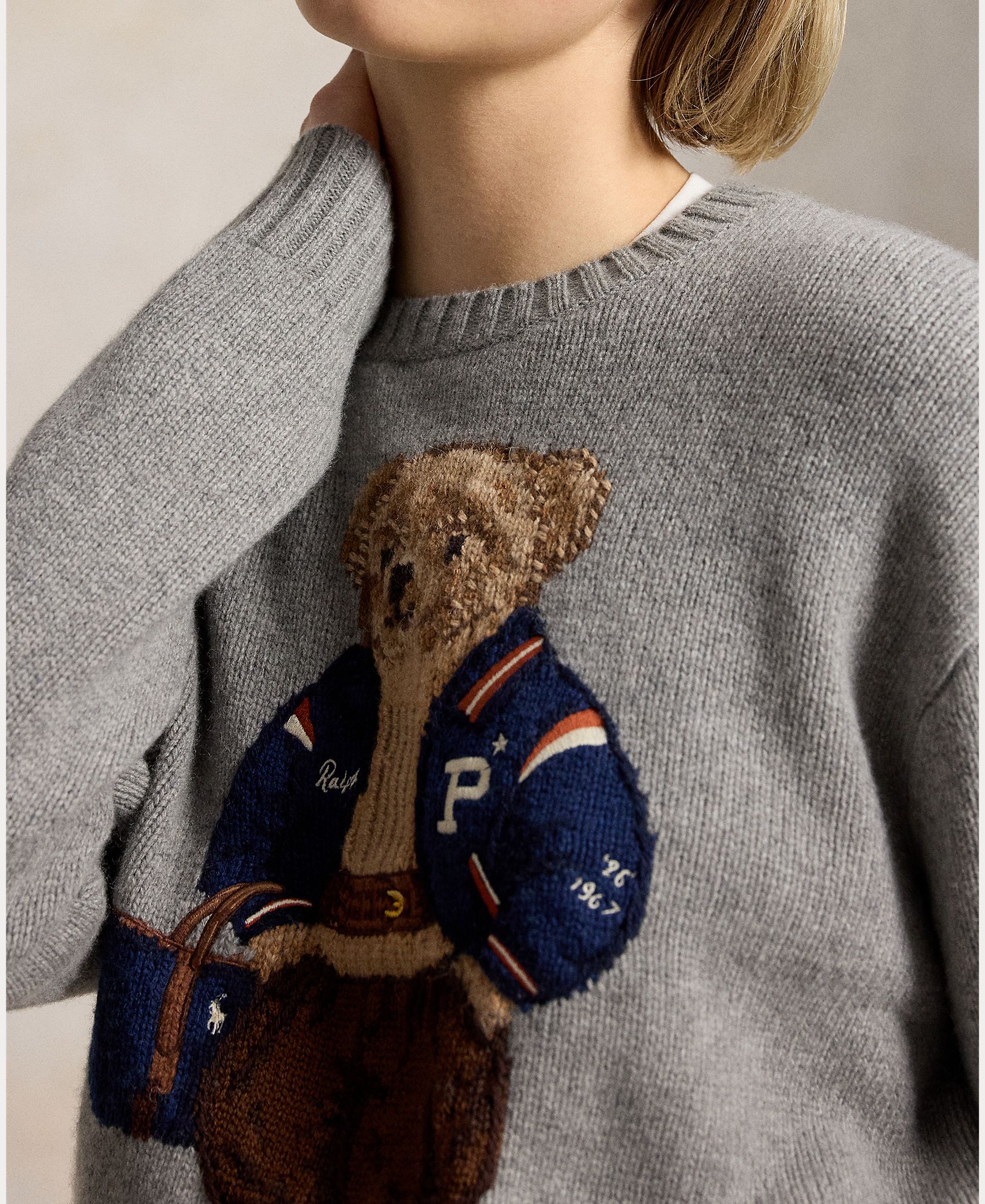 Camisola de Malha de Lã e Caxemira com Polo Bear Cinzento-4
