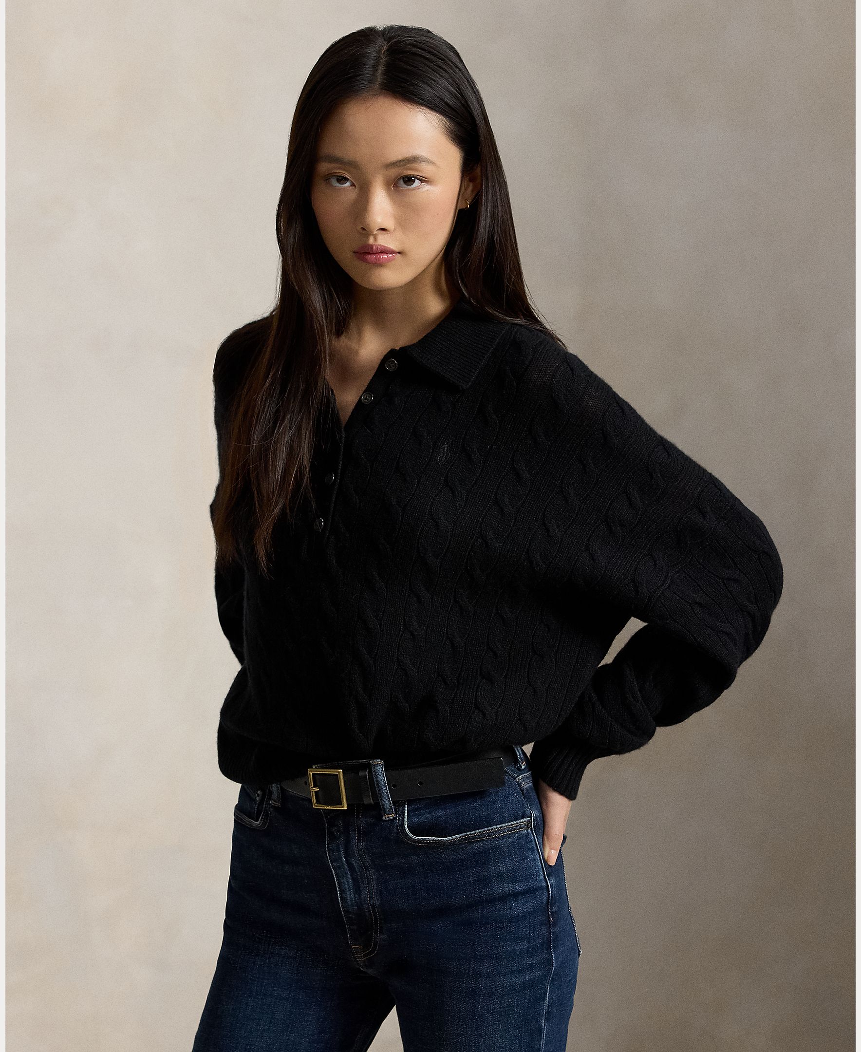 Jersey de mujer Henley en punto de ochos - Polo Ralph Lauren - Negro Negro-1