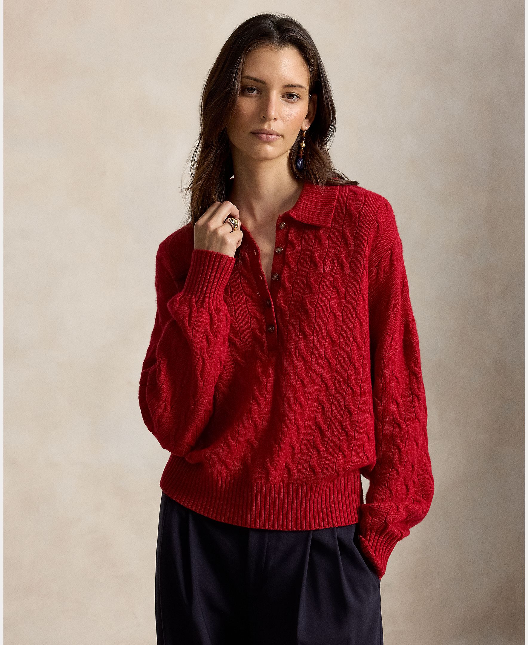 Jersey de mujer Henley en punto de ochos - Polo Ralph Lauren - Rojo Rojo-1