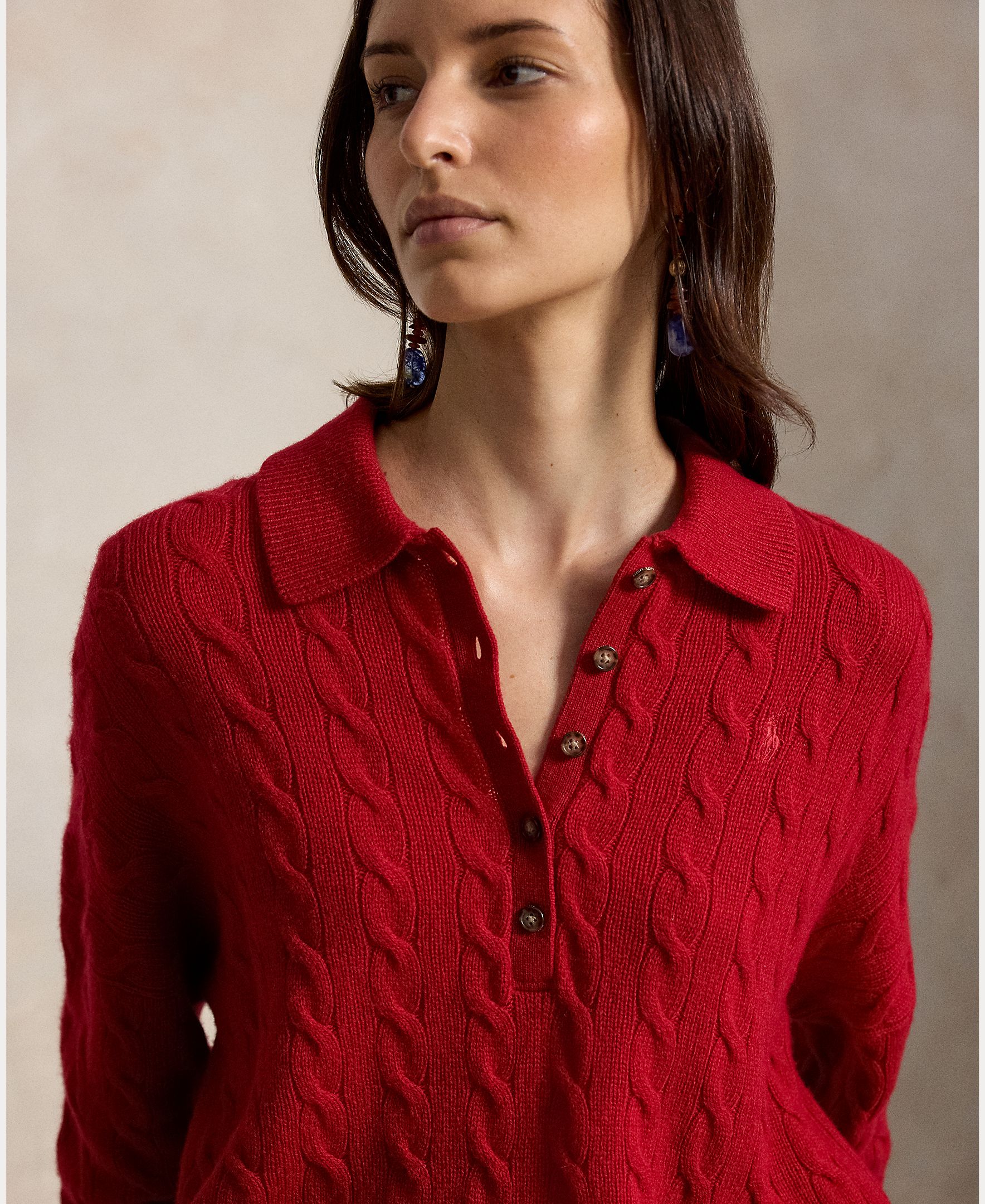 Jersey de mujer Henley en punto de ochos - Polo Ralph Lauren - Rojo Rojo-4