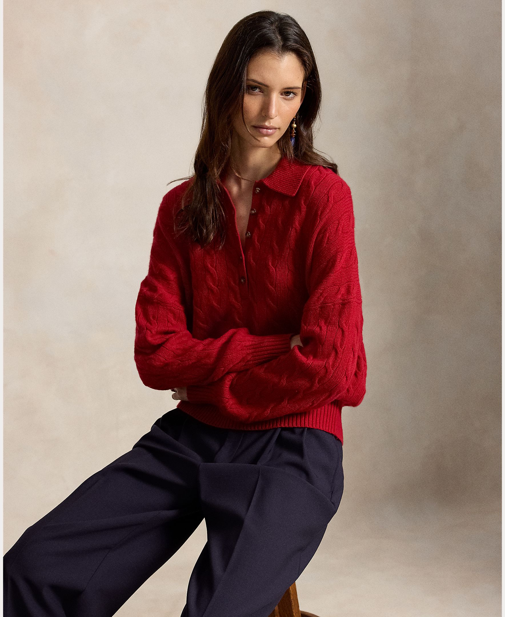 Jersey de mujer Henley en punto de ochos - Polo Ralph Lauren - Rojo Rojo-5