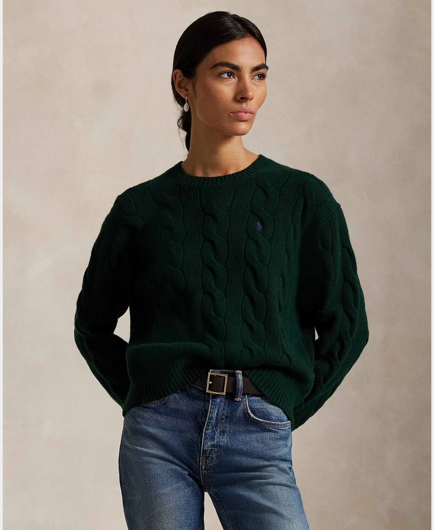 Jersey de mujer de lana y cashmere en punto de ochos - Polo Ralph Lauren - Verde oscuro Verde oscuro-1