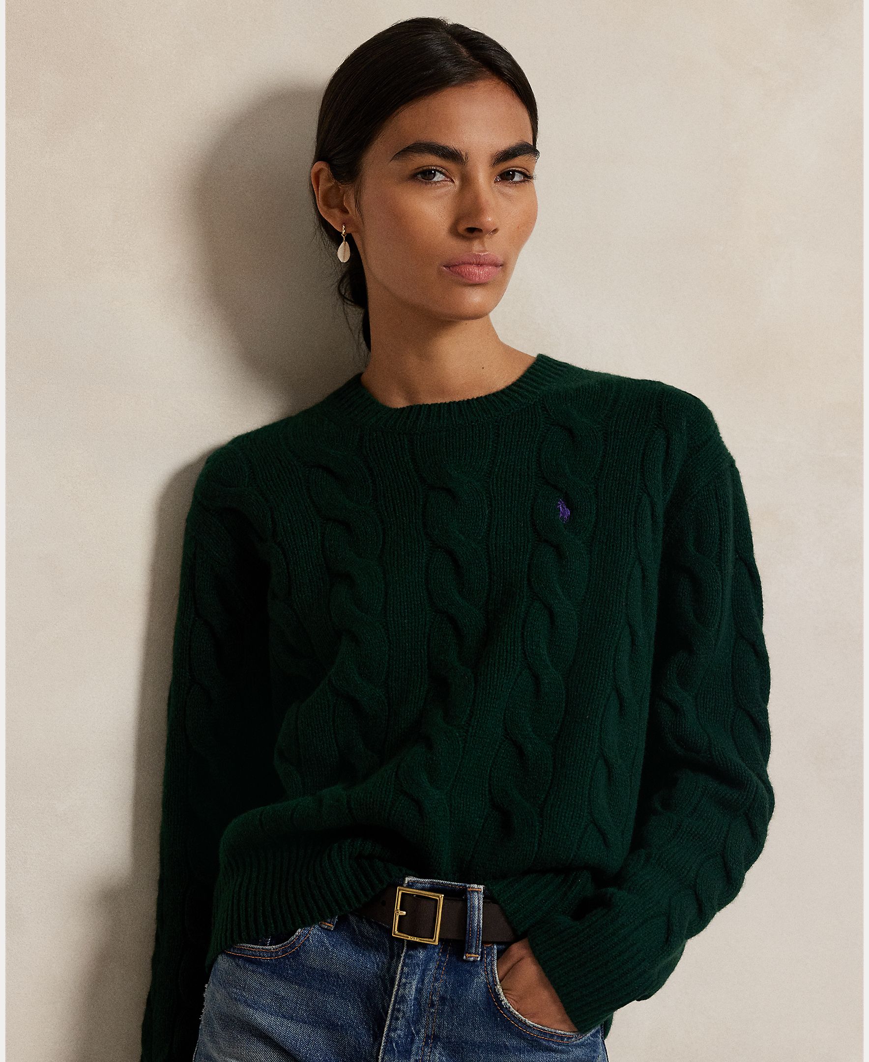 Jersey de mujer de lana y cashmere en punto de ochos - Polo Ralph Lauren - Verde oscuro Verde oscuro-4