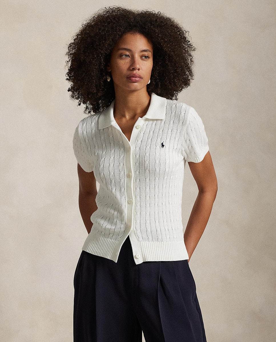 Cardigan de Algodão com Manga Curta Branco-1