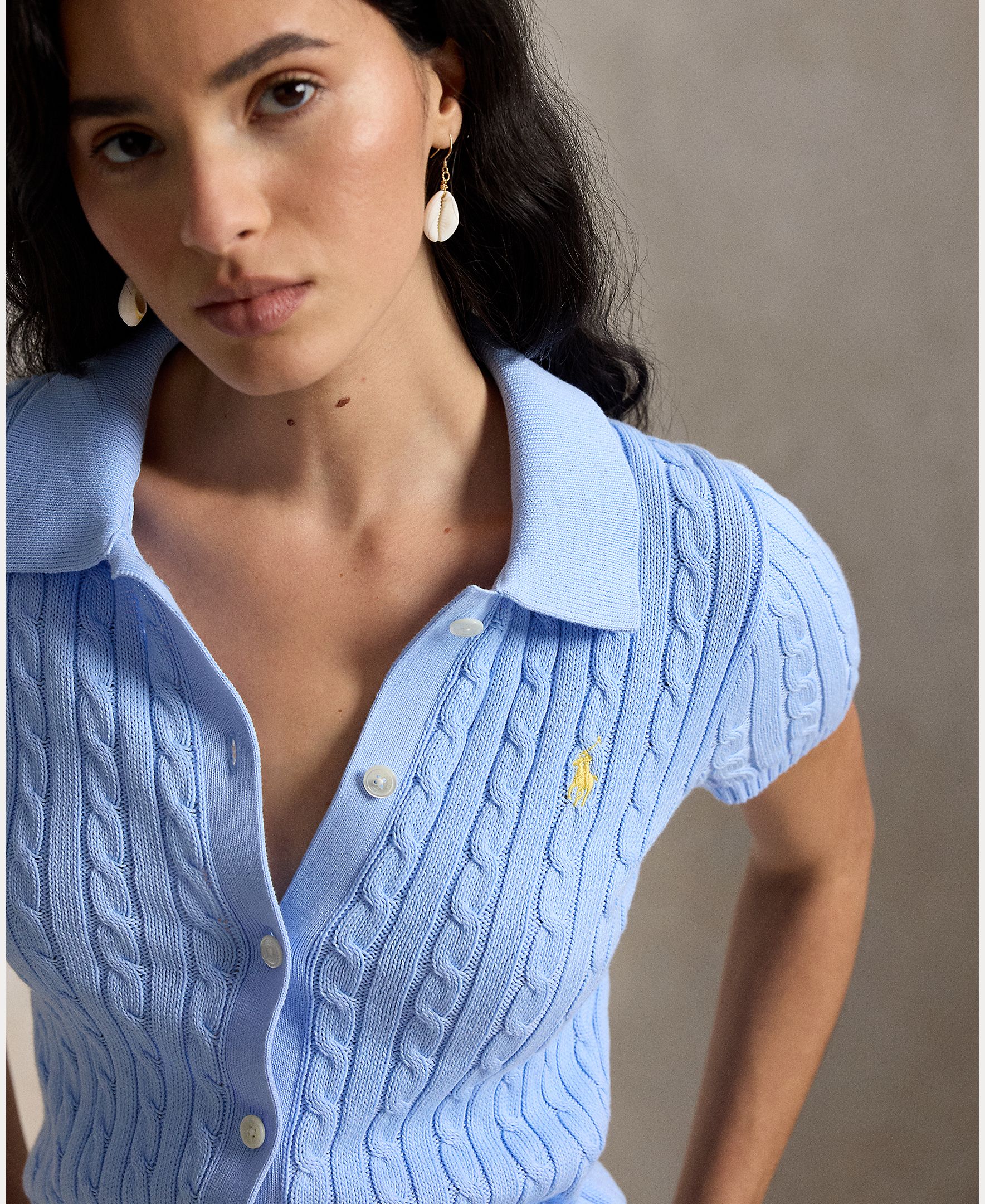 Cardigan de Algodão com Manga Curta Porcelana-4