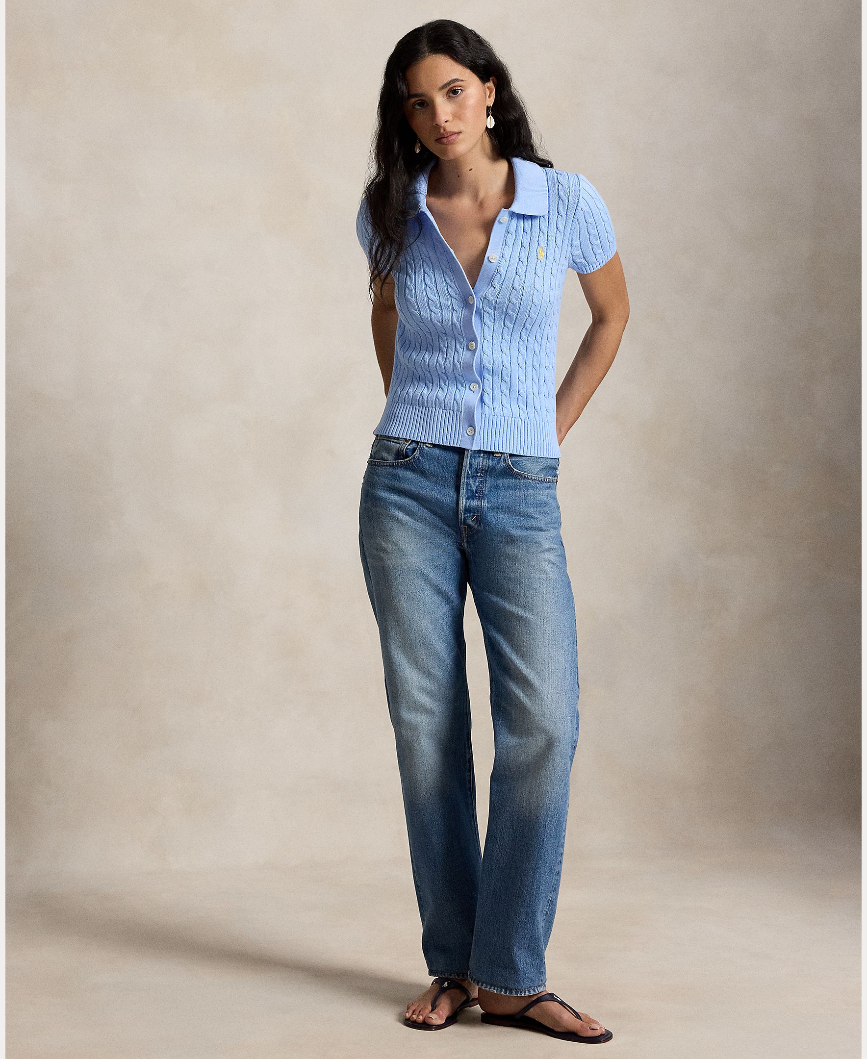 Cardigan de Algodão com Manga Curta Porcelana-6