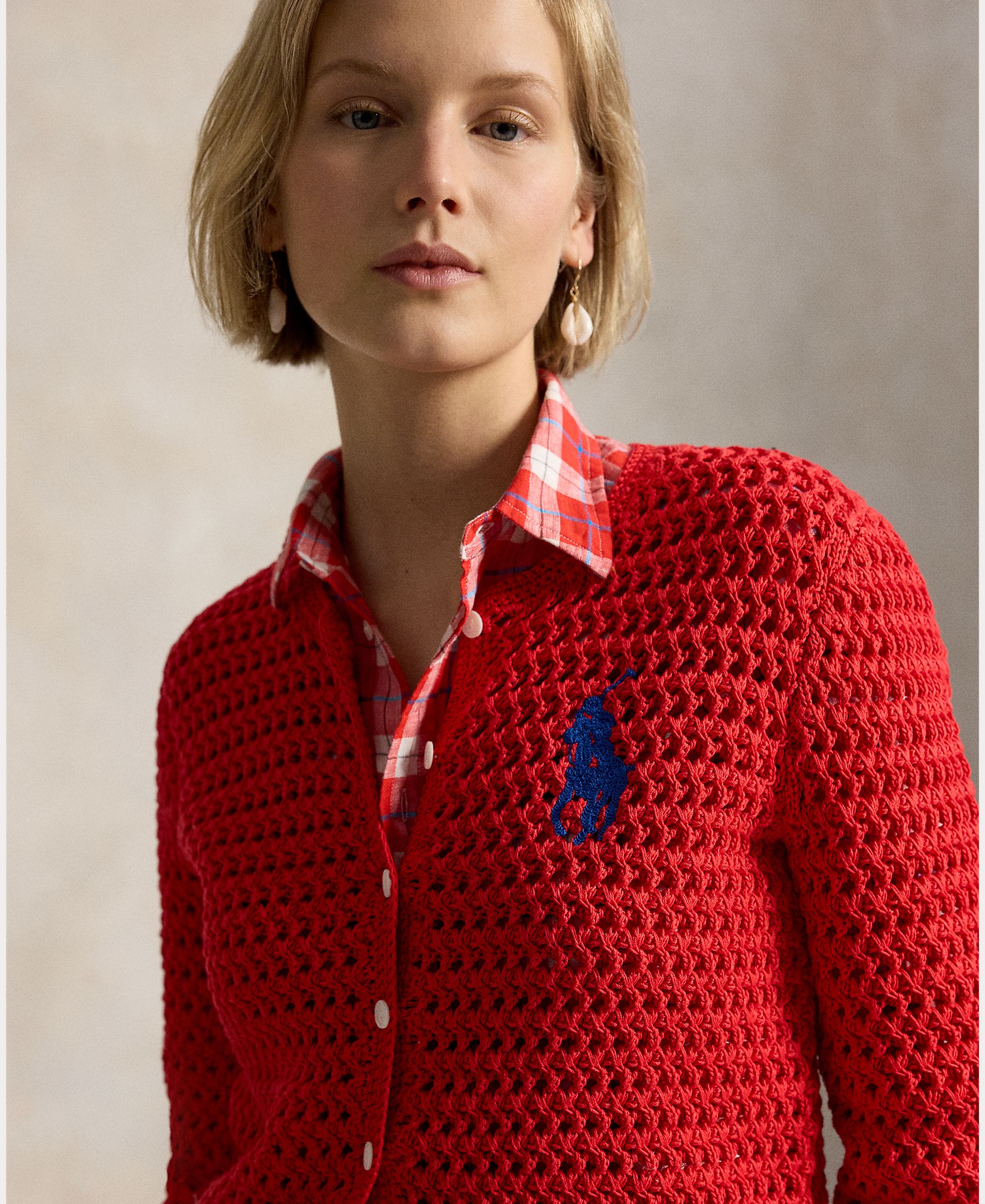 Cardigan de Malha de Algodão Vermelho-4