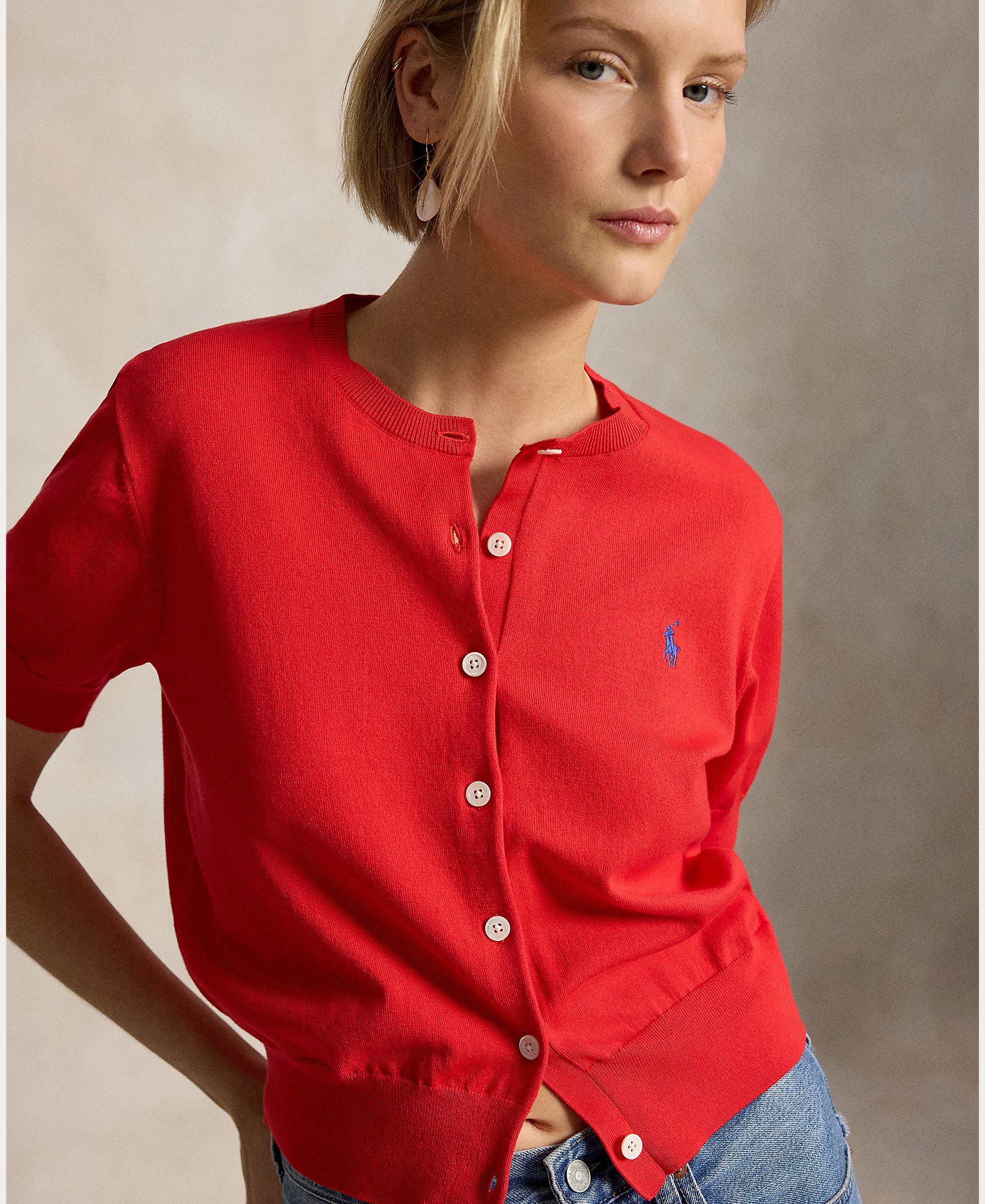 Cardigan de Algodão com Manga Curta Vermelho-4