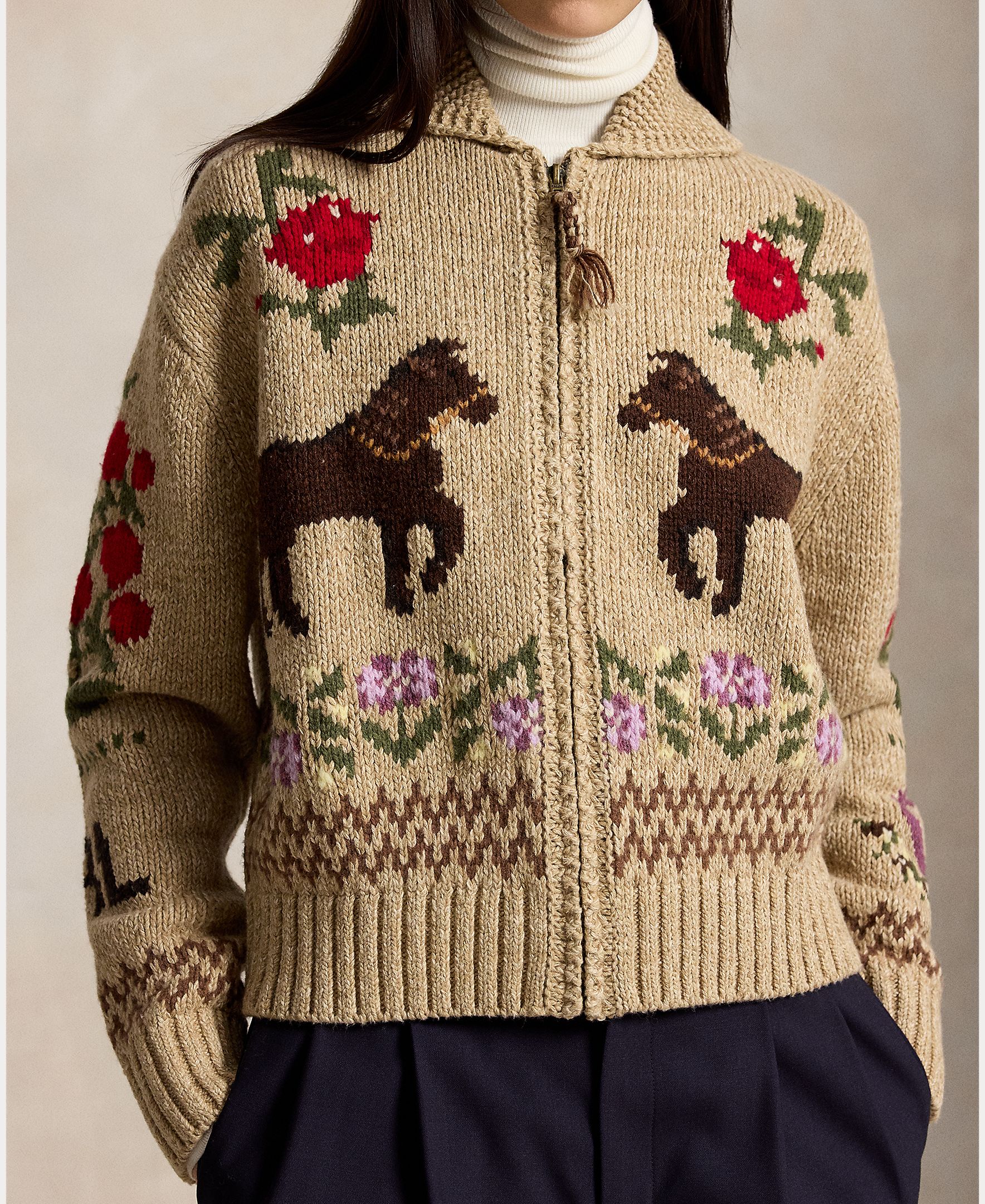 Cardigan de Algodão com Fecho de Correr Bege-3