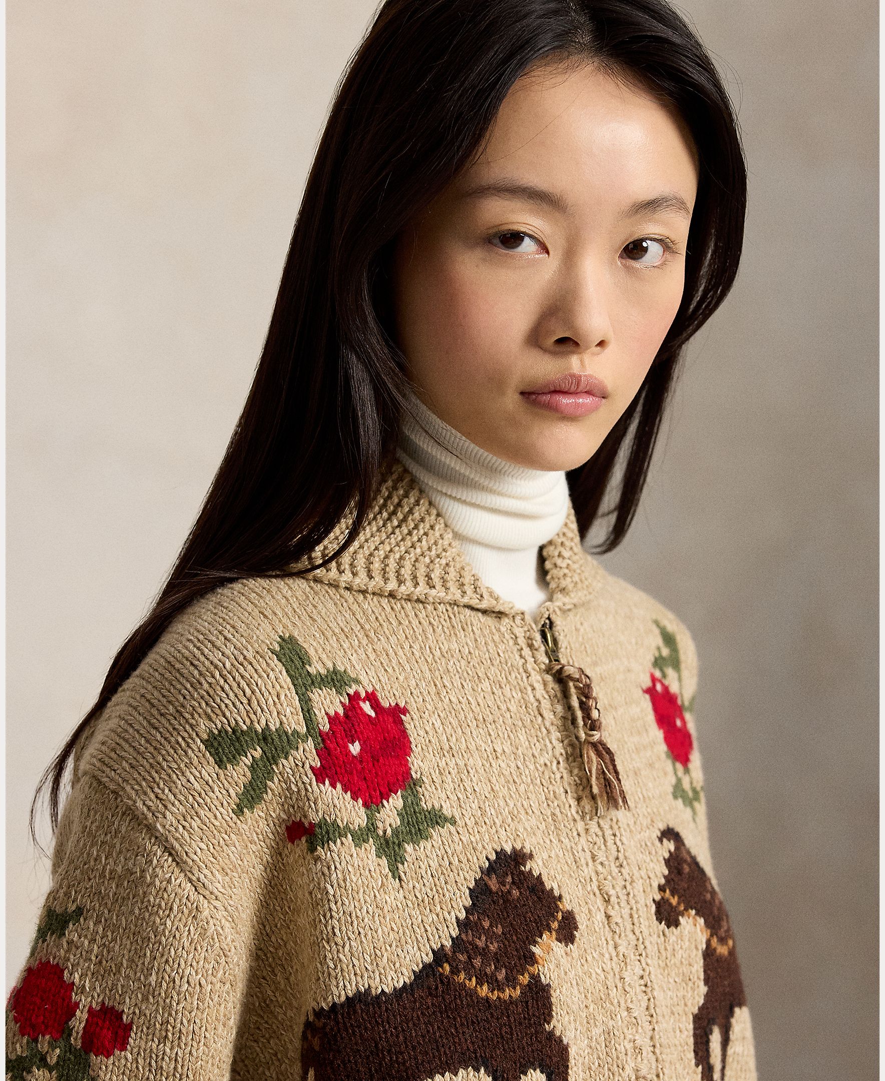 Cardigan de Algodão com Fecho de Correr Bege-4