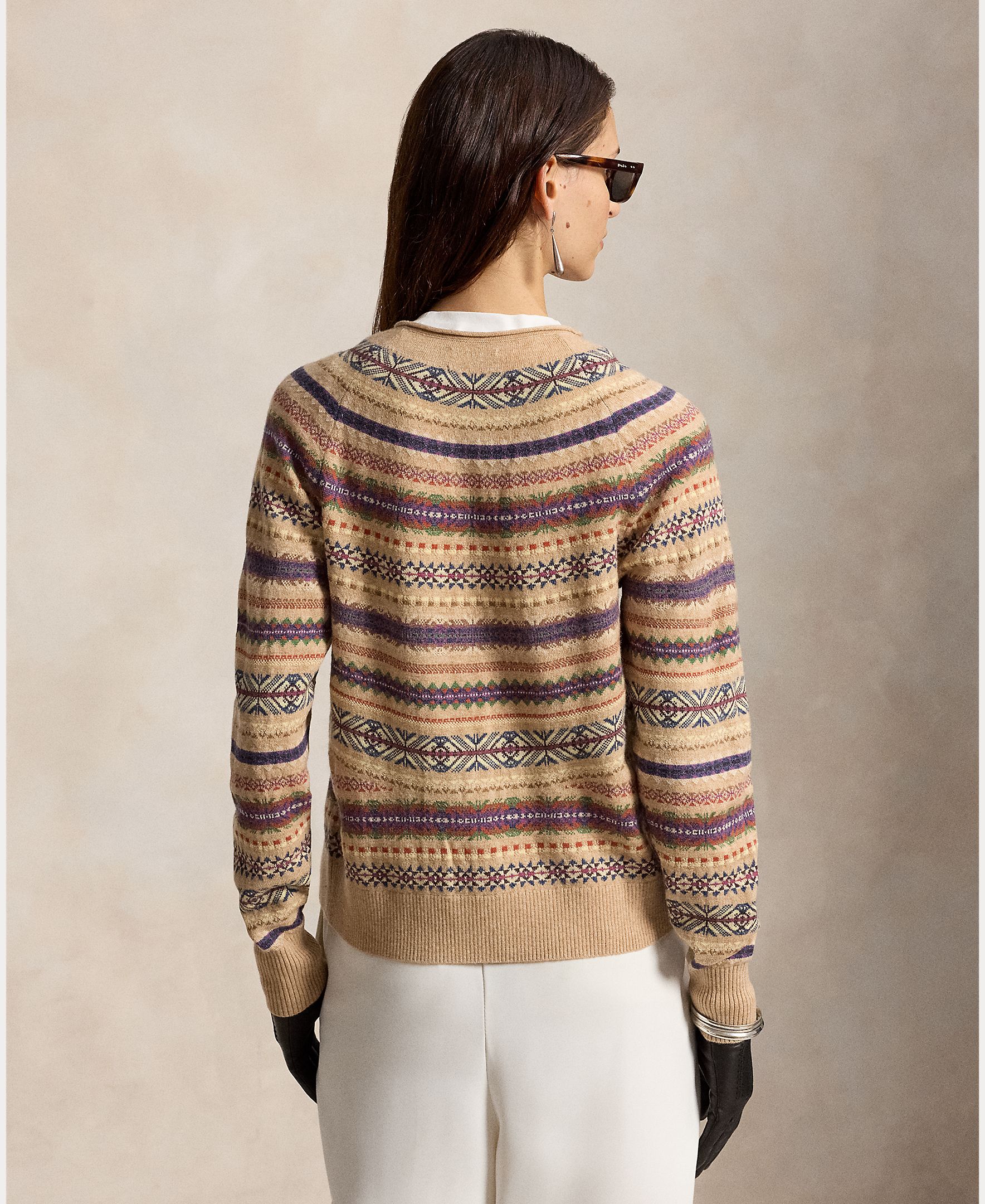 Cardigan de Decote Redondo Estampado Bege-2