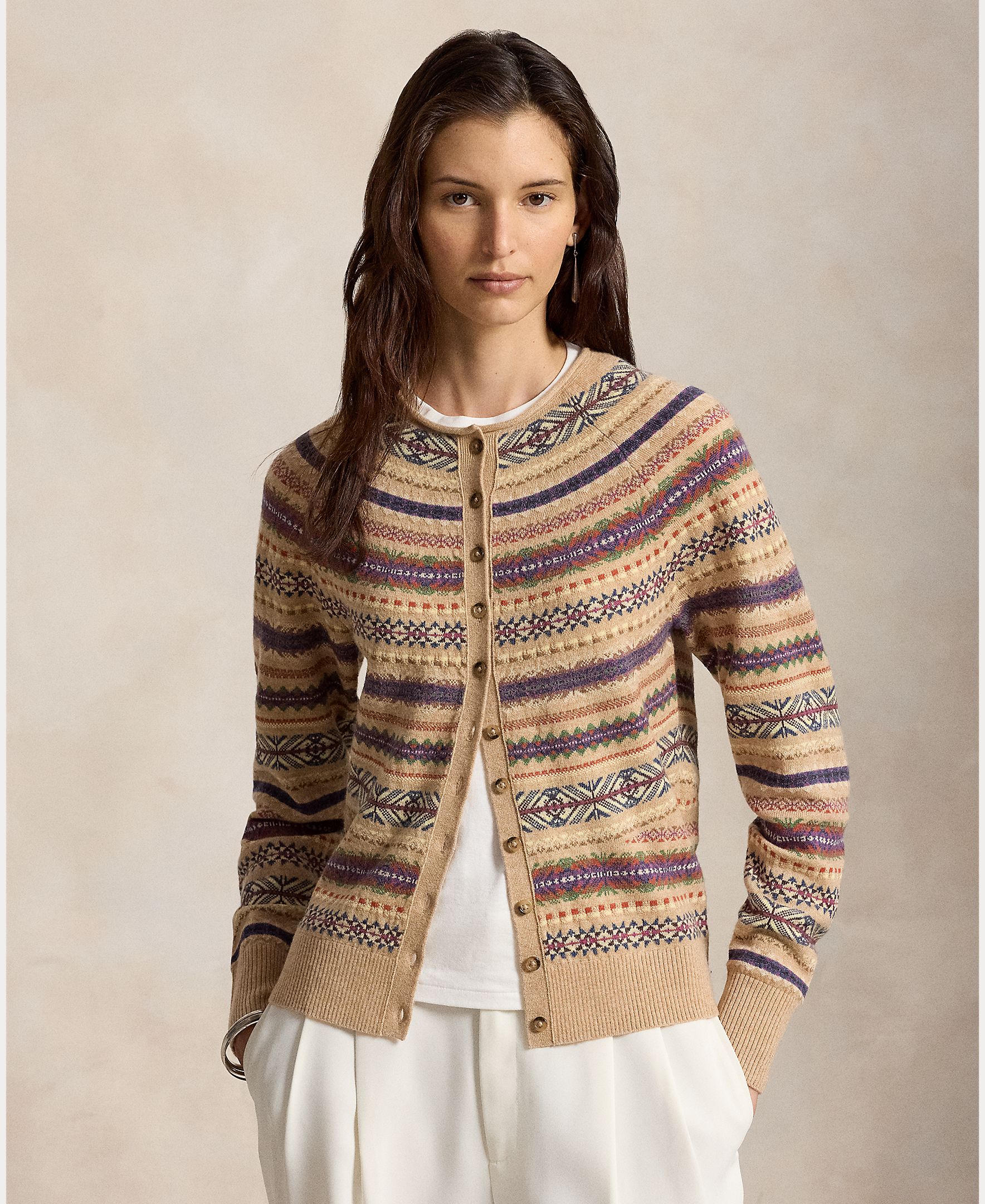 Cardigan de Decote Redondo Estampado Bege-4