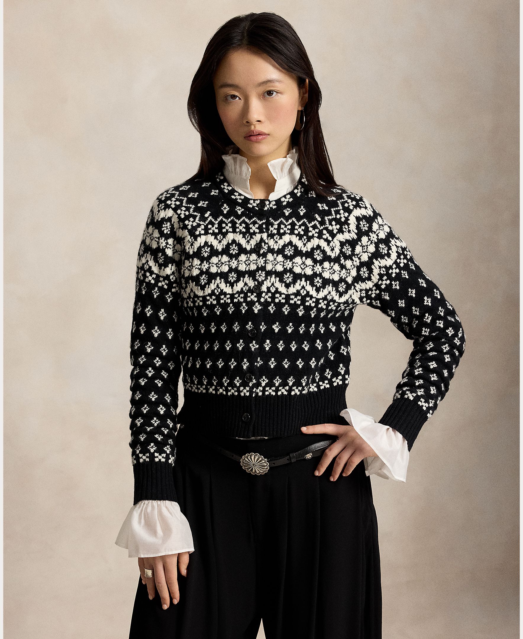 Imagen 0 de Cárdigan de mujer de lana y algodón con diseño Fair Isle Negro