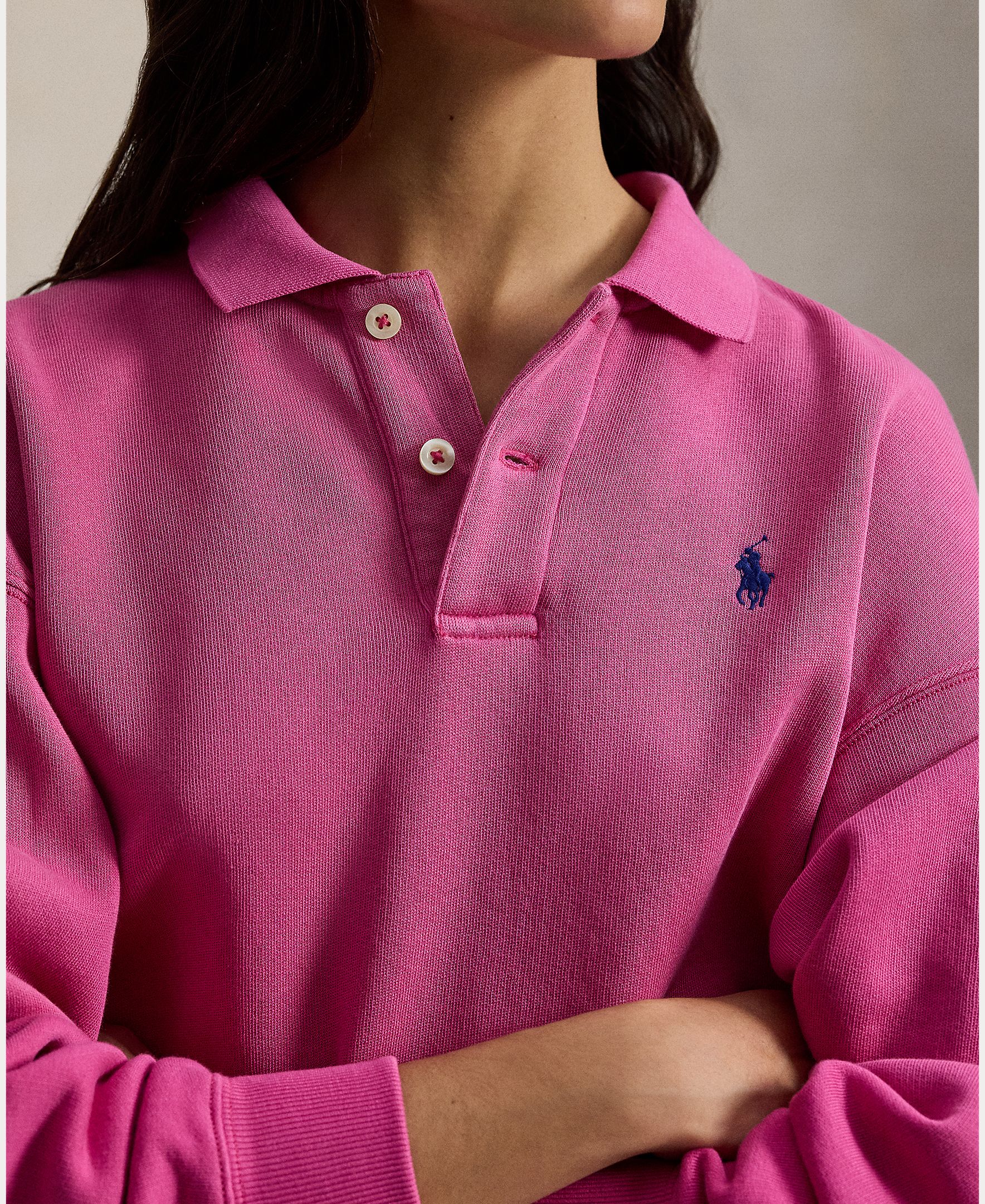 Camisola de Malha de Felpa com Colarinho de Polo Rosa-3