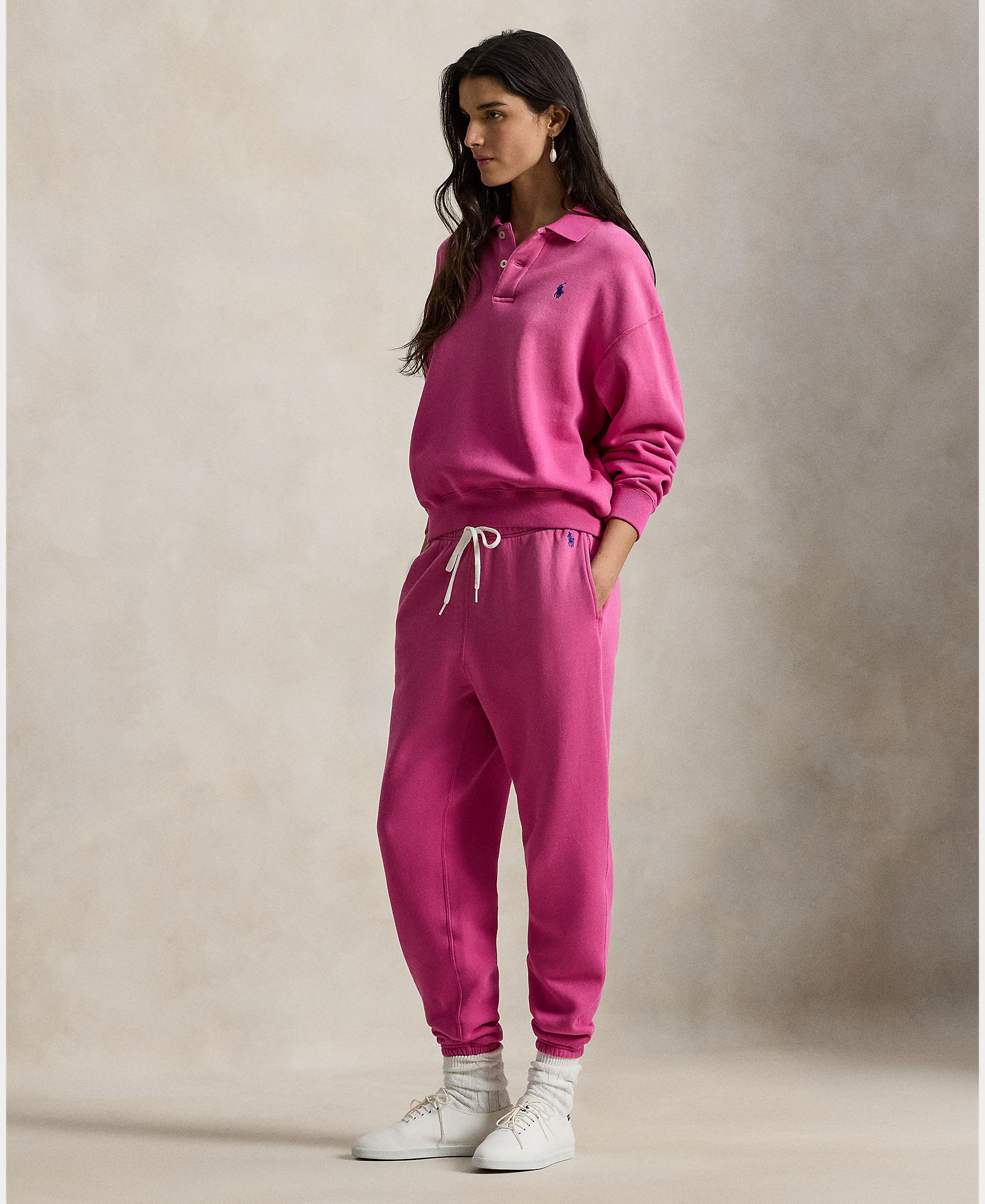 Camisola de Malha de Felpa com Colarinho de Polo Rosa-5