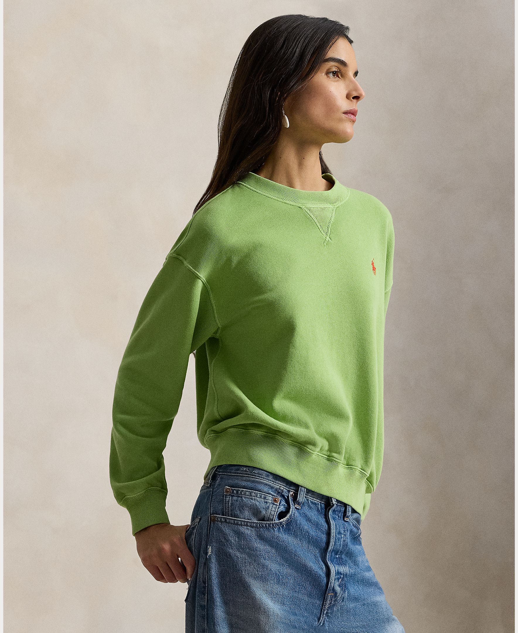 Sweatshirt de Felpa com Decote Redondo Verde-1