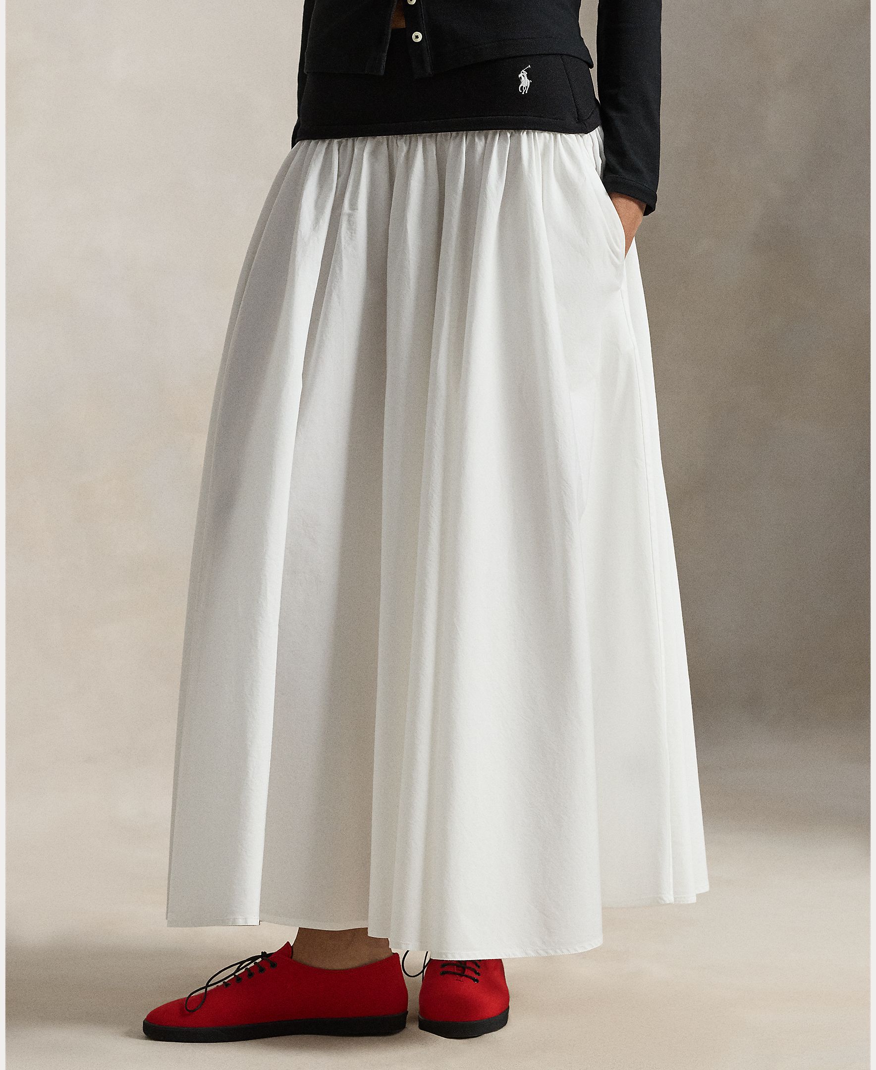 Saia Midi de Algodão com Cintura em Contraste Branco-2
