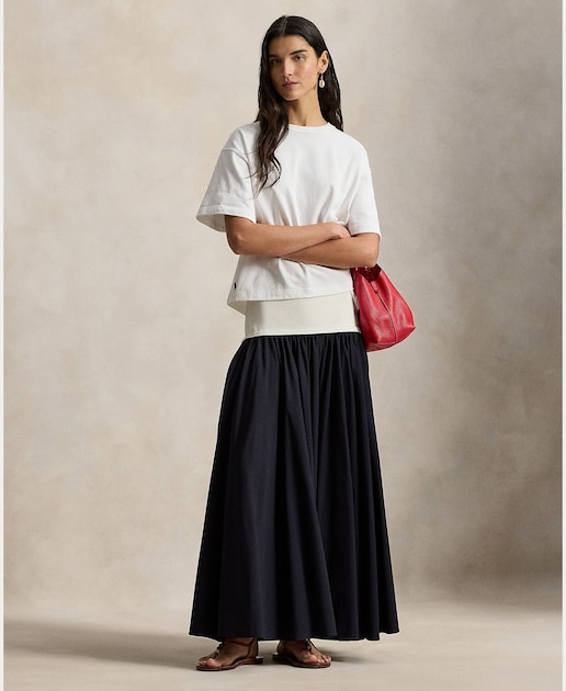 Imagem 0 de Saia Midi de Algodão com Cintura em Contraste