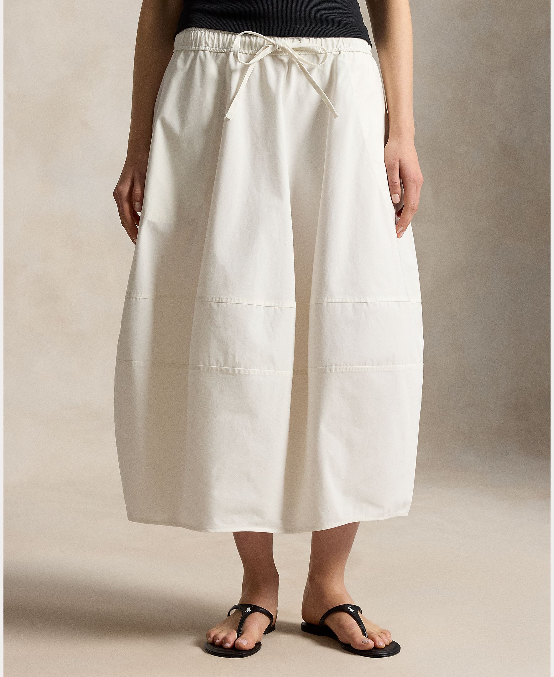 Saia Midi de Algodão com Cintura com Cordão Branco-marfim-3