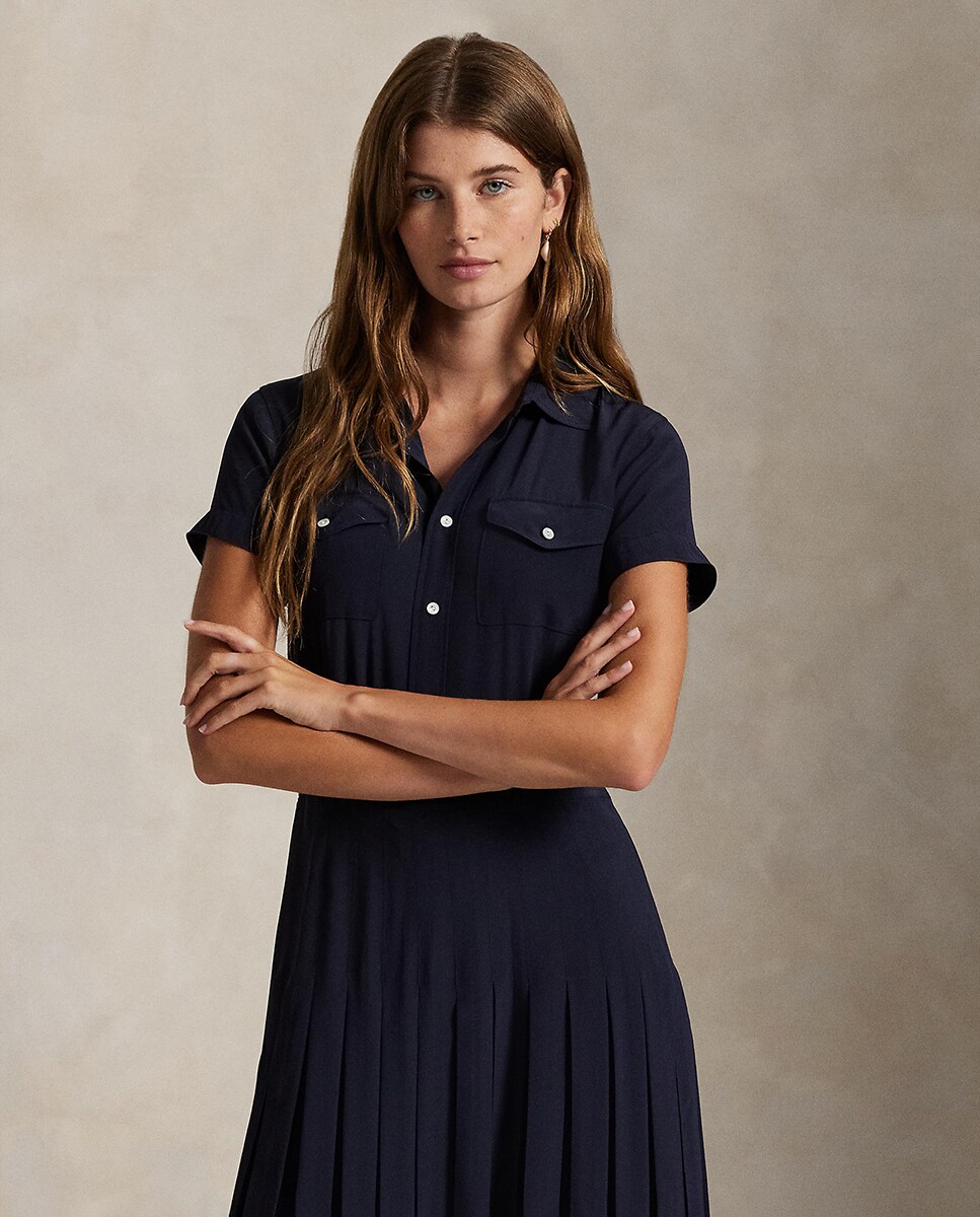 Vestido de Seda com Saia Plissada Azul-marinho-4