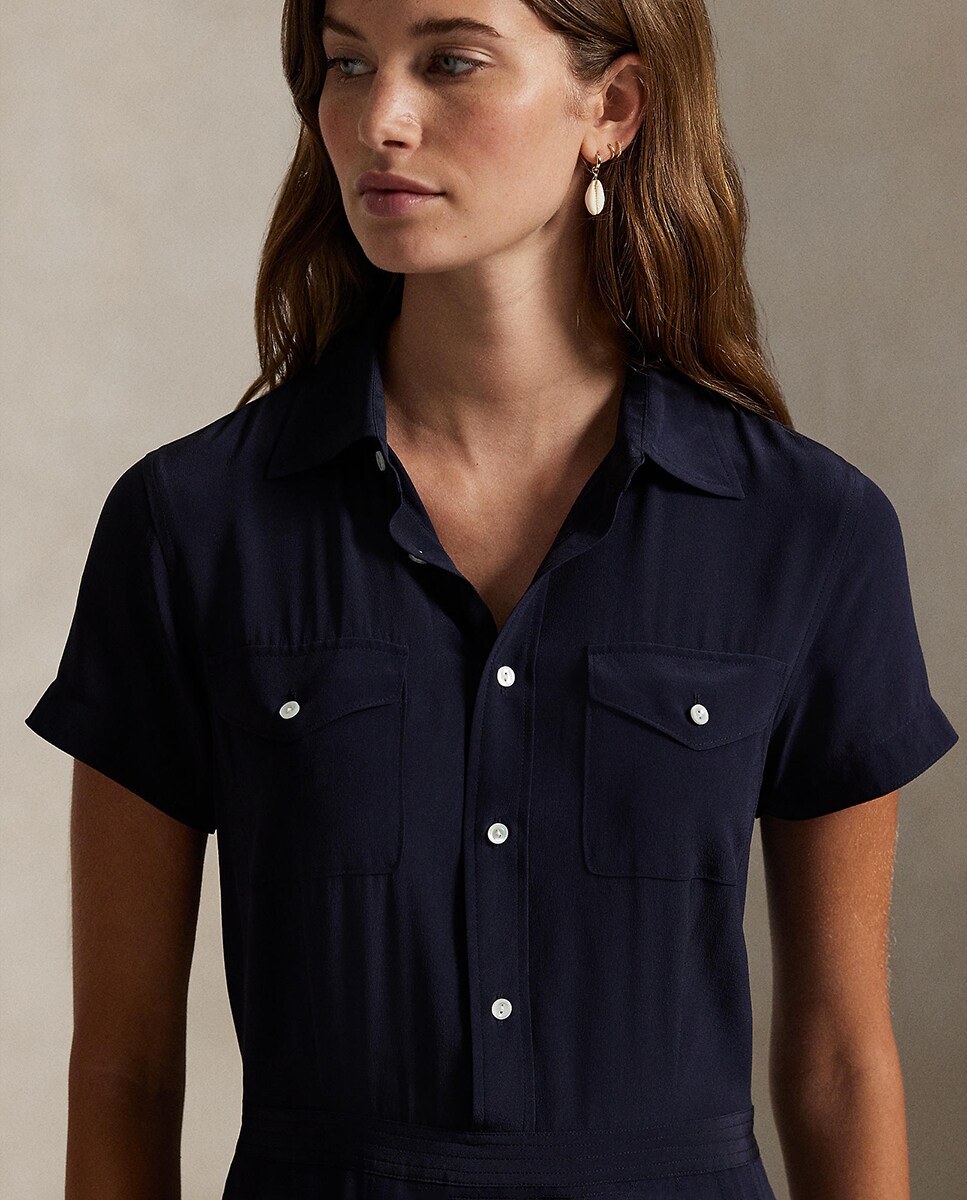 Vestido de Seda com Saia Plissada Azul-marinho-5