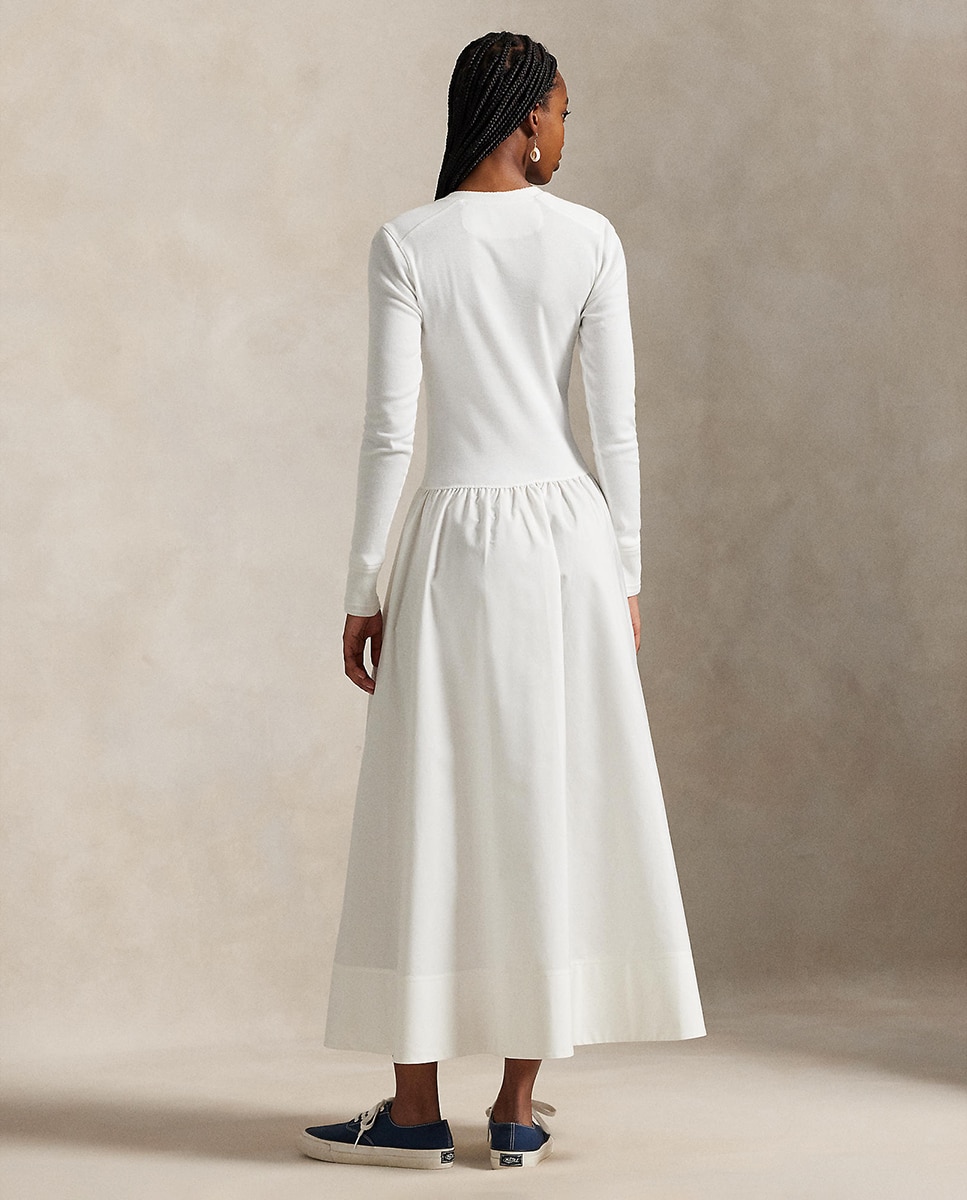 Vestido Henley de Algodão com Manga Comprida Branco-3