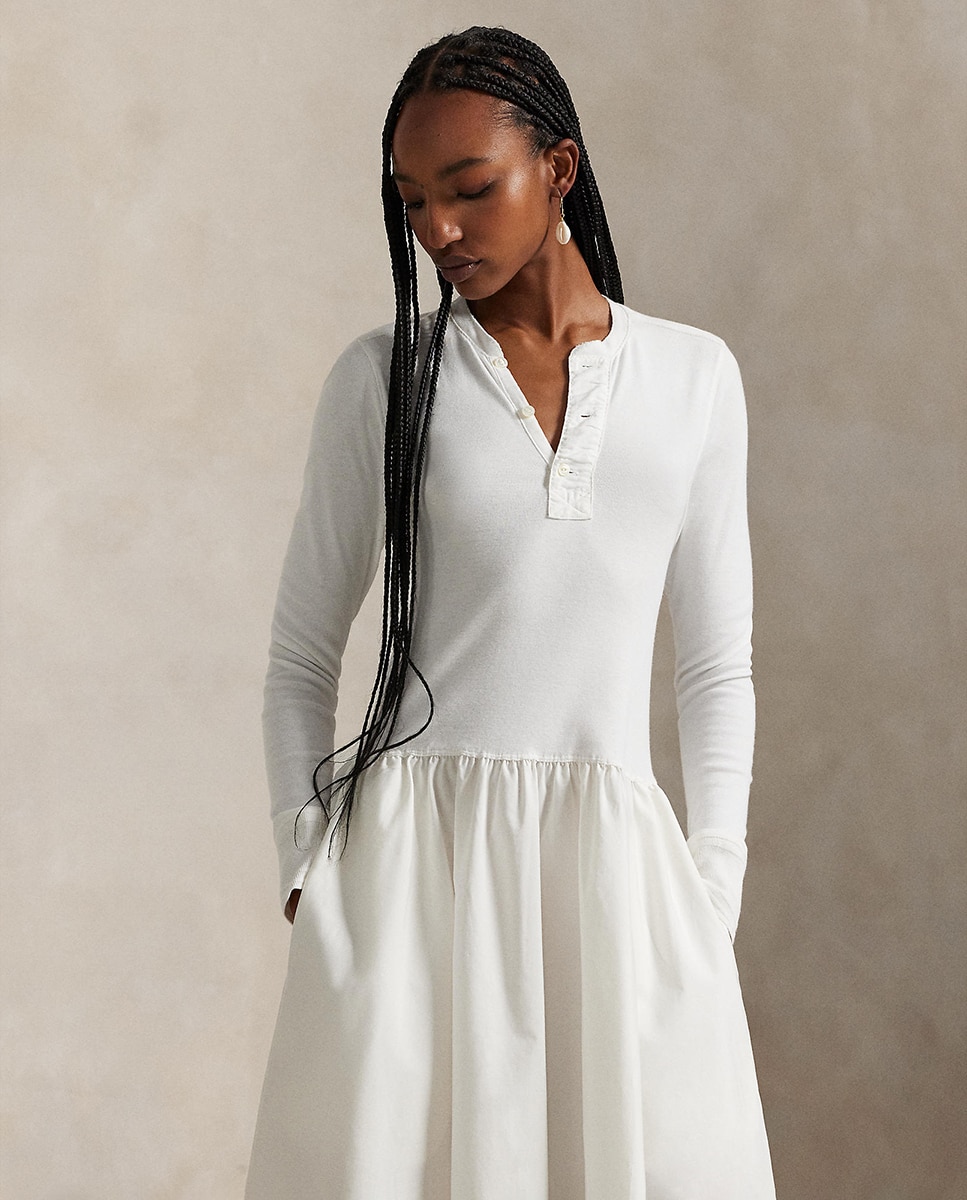 Vestido Henley de Algodão com Manga Comprida Branco-4