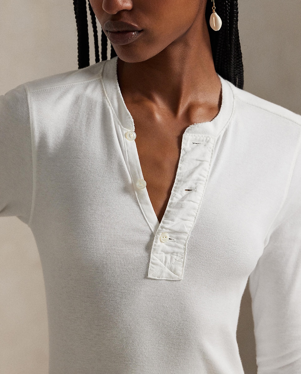 Vestido Henley de Algodão com Manga Comprida Branco-5