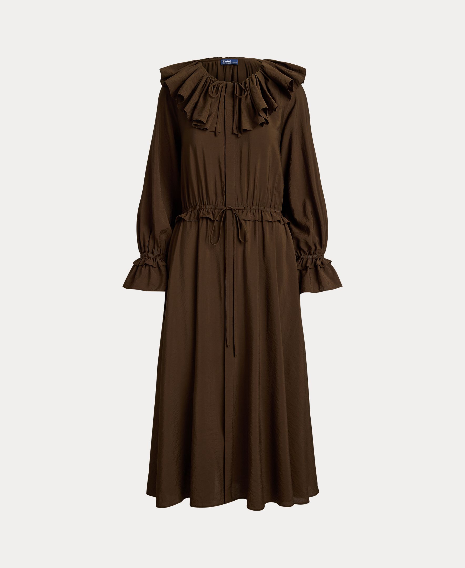 Vestido Comprido com Folhos e Decote em Bico Castanho-escuro-5