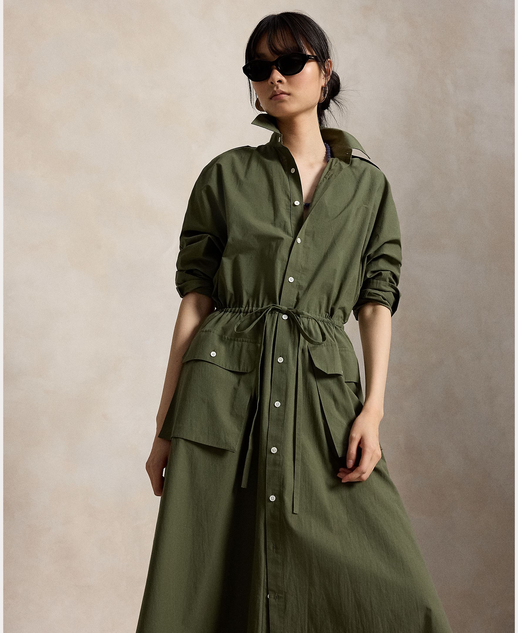 Vestido Camiseiro Midi de Algodão Verde-militar-3