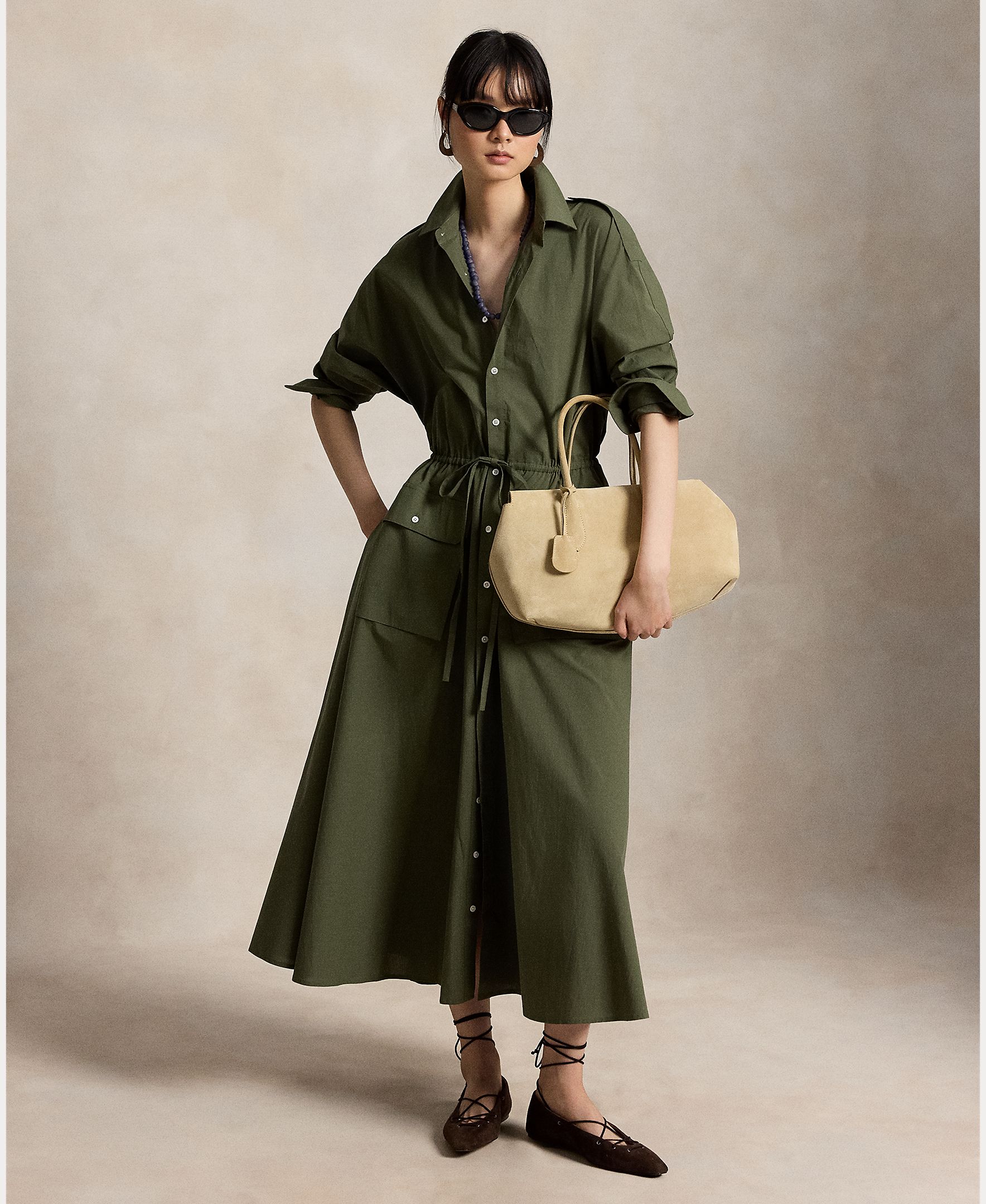 Vestido Camiseiro Midi de Algodão Verde-militar-7