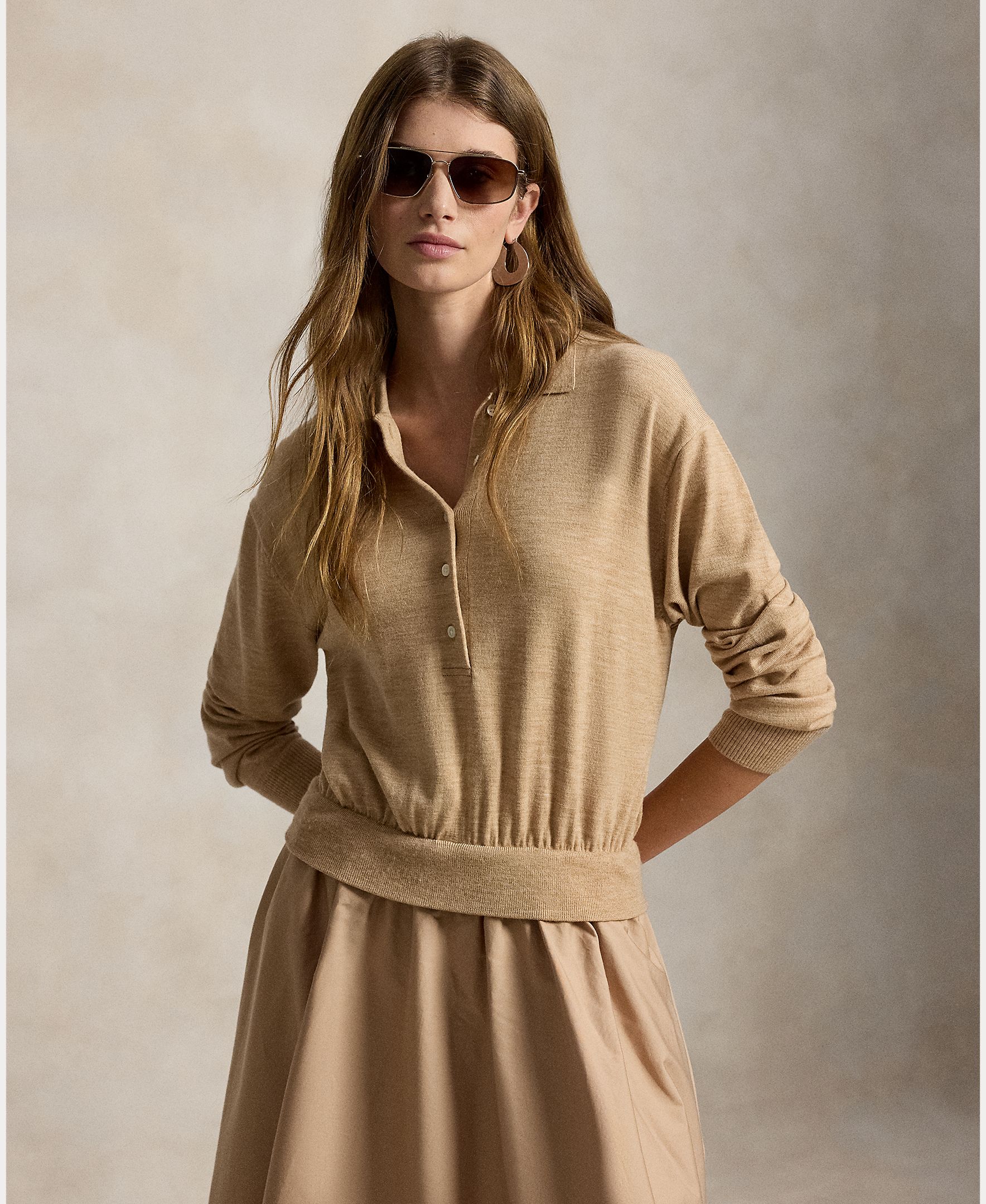 Vestido Comprido de Lã com Colarinho de Polo Bege-3