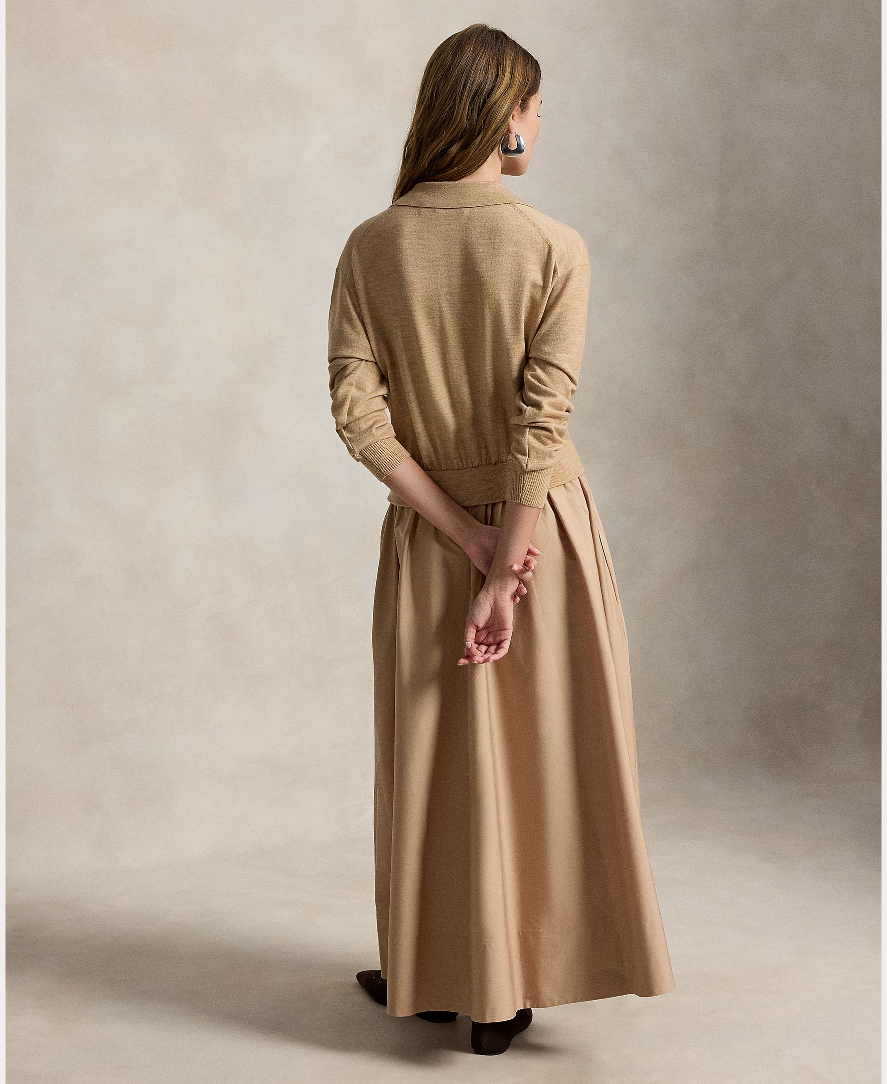 Vestido Comprido de Lã com Colarinho de Polo Bege-4